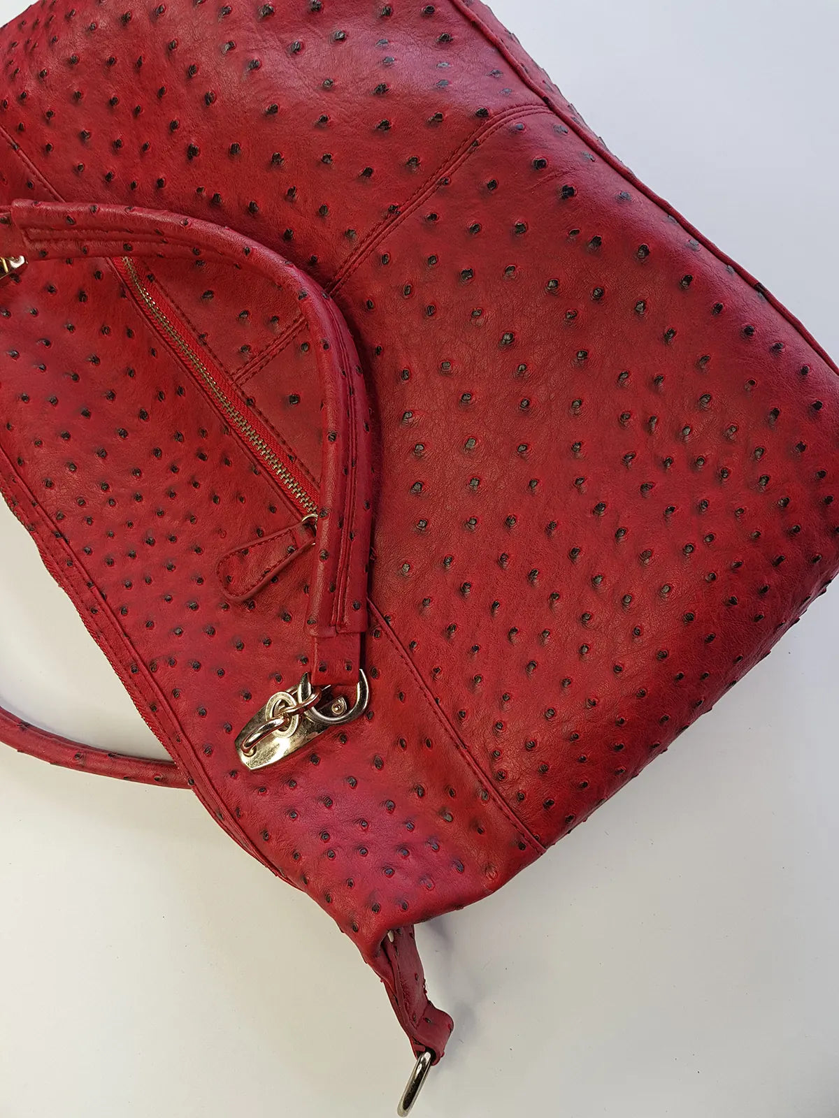 Vintage 2000s Ruby Red Vegan Ostrich Leather Bag - Gold Hardware - Chocolate Lining & Internal Pockets