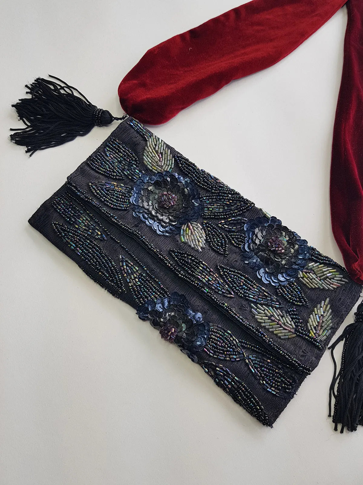 Heavily Beaded Vintage 90s evening pouch - Rich Blues & Reds - one of a kind custom made - tassels beads sequins & velvet - wear a multitude of different ways
