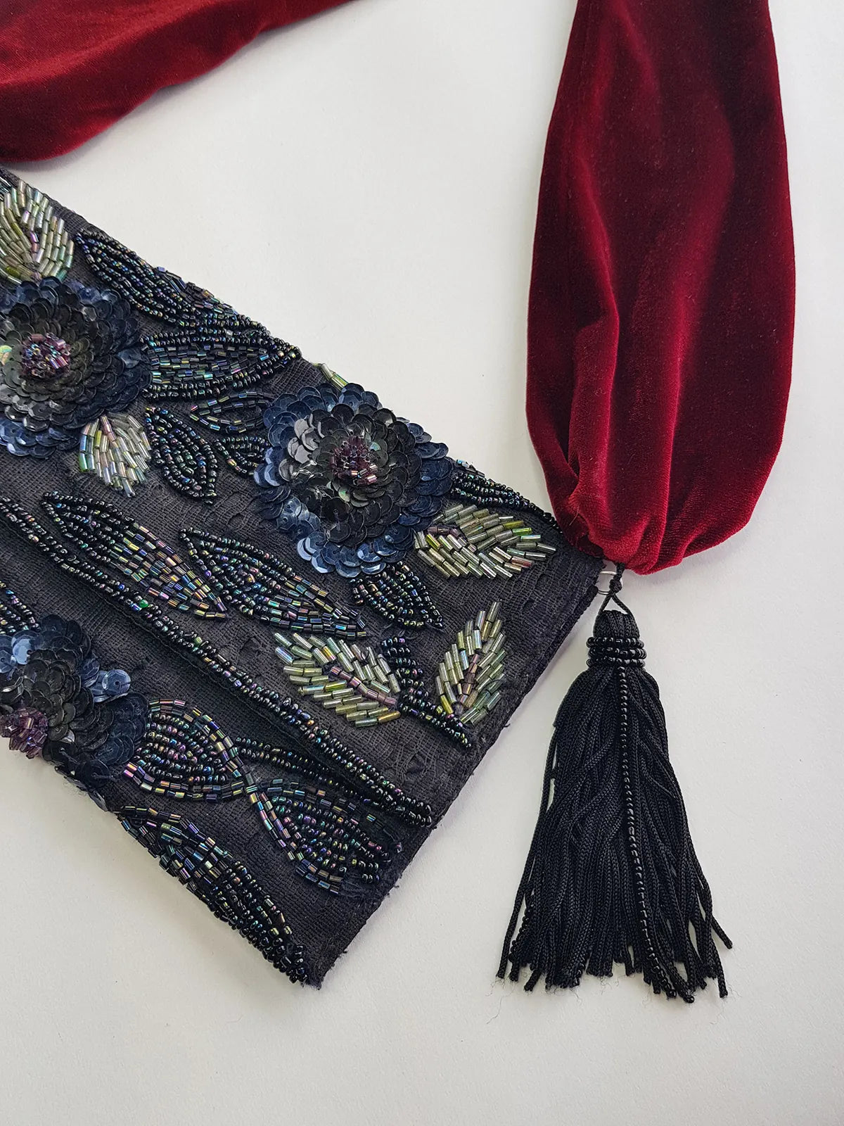 Heavily Beaded Vintage 90s evening pouch - Rich Blues & Reds - one of a kind custom made - tassels beads sequins & velvet - wear a multitude of different ways