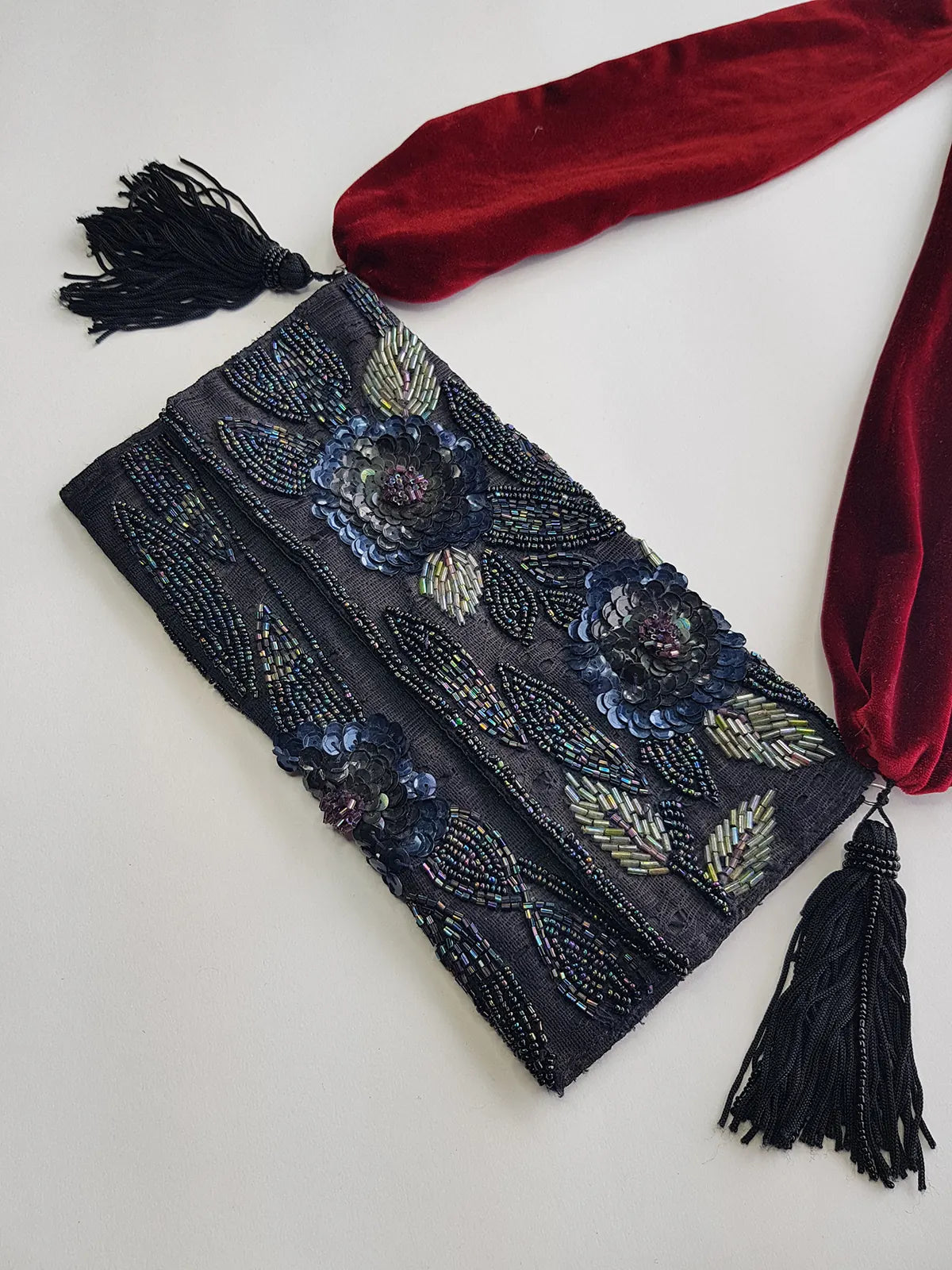 Heavily Beaded Vintage 90s evening pouch - Rich Blues & Reds - one of a kind custom made - tassels beads sequins & velvet - wear a multitude of different ways