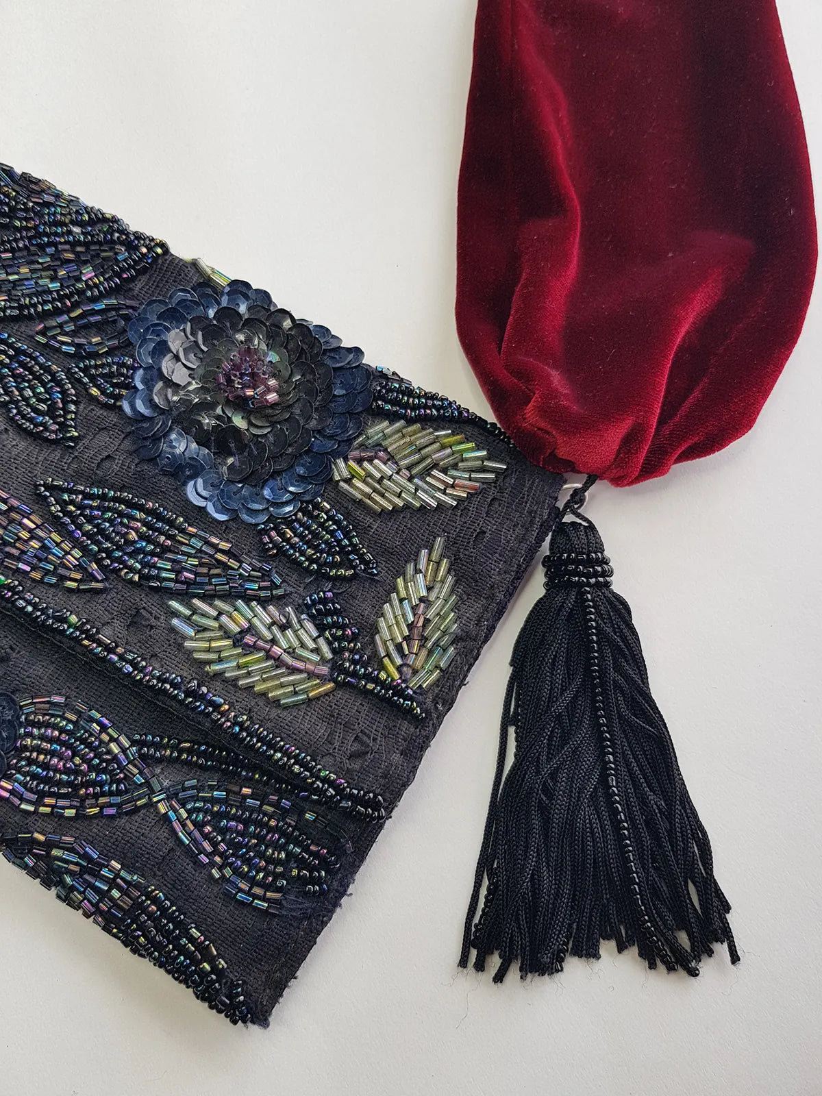 Heavily Beaded Vintage 90s evening pouch - Rich Blues & Reds - one of a kind custom made - tassels beads sequins & velvet - wear a multitude of different ways
