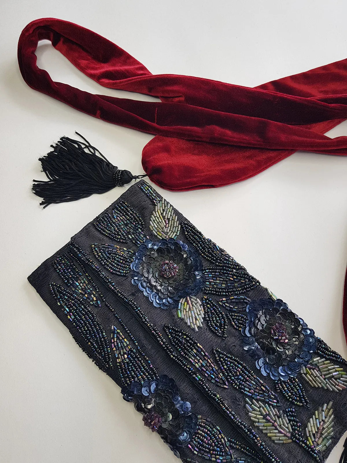Heavily Beaded Vintage 90s evening pouch - Rich Blues & Reds - one of a kind custom made - tassels beads sequins & velvet - wear a multitude of different ways