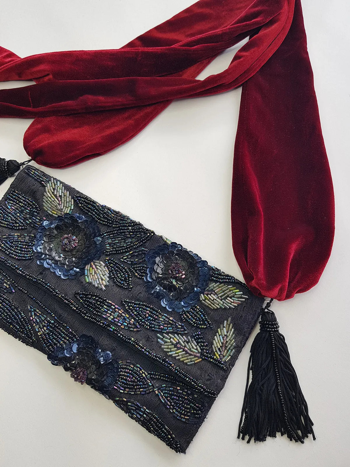Heavily Beaded Vintage 90s evening pouch - Rich Blues & Reds - one of a kind custom made - tassels beads sequins & velvet - wear a multitude of different ways