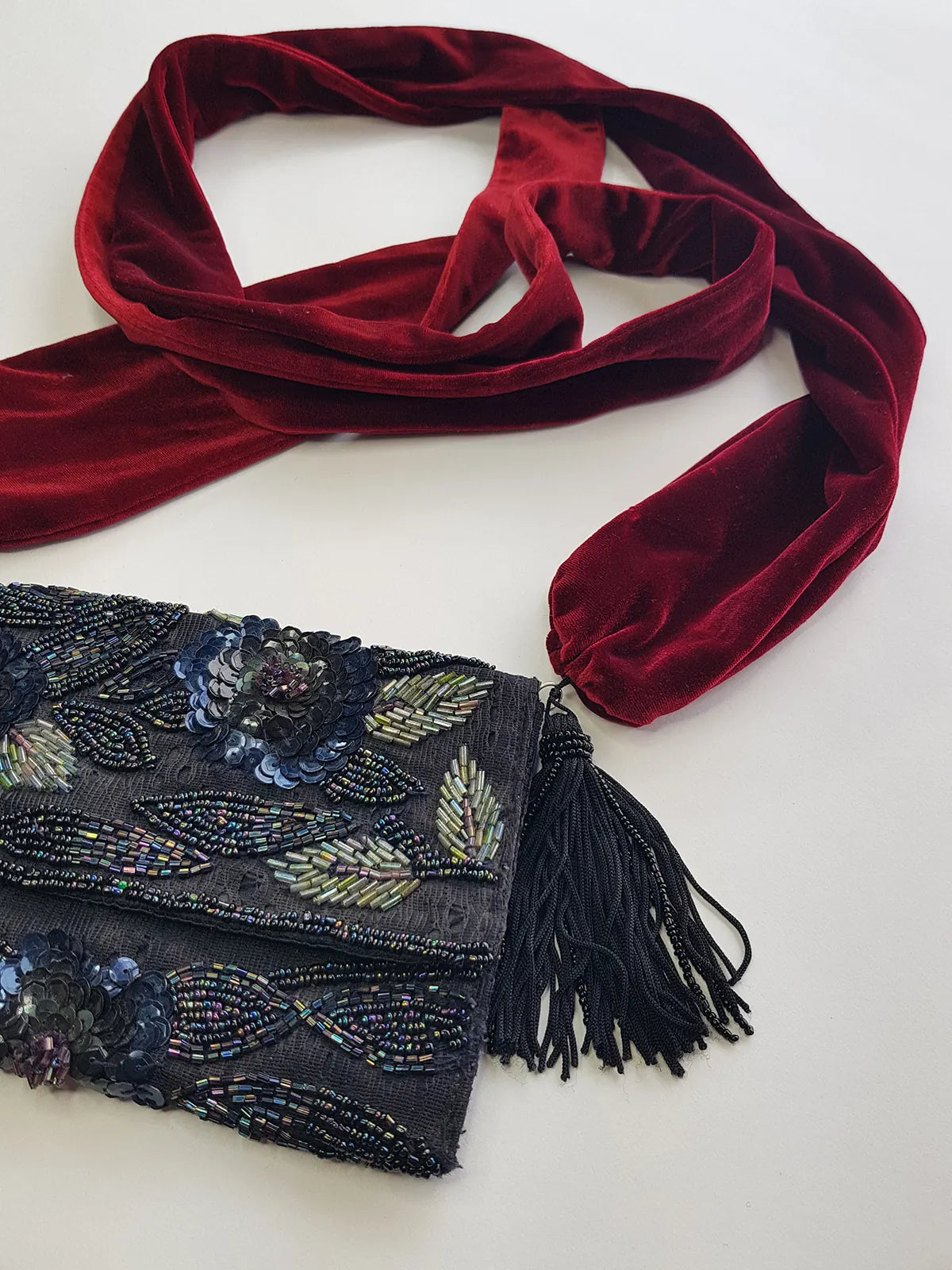 Heavily Beaded Vintage 90s evening pouch - Rich Blues & Reds - one of a kind custom made - tassels beads sequins & velvet - wear a multitude of different ways
