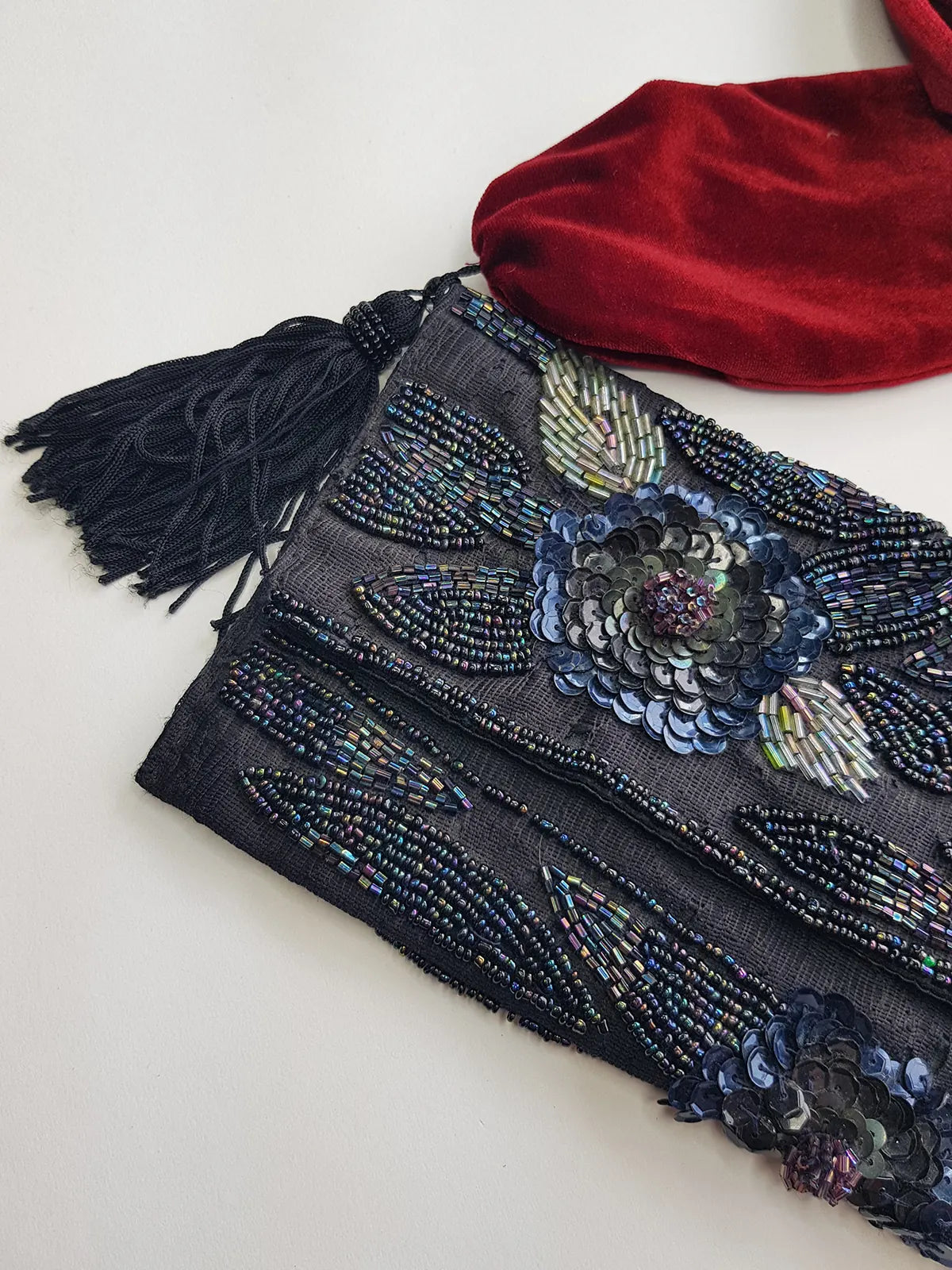 Heavily Beaded Vintage 90s evening pouch - Rich Blues & Reds - one of a kind custom made - tassels beads sequins & velvet - wear a multitude of different ways
