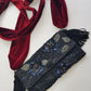 Heavily Beaded Vintage 90s evening pouch - Rich Blues & Reds - one of a kind custom made - tassels beads sequins & velvet - wear a multitude of different ways