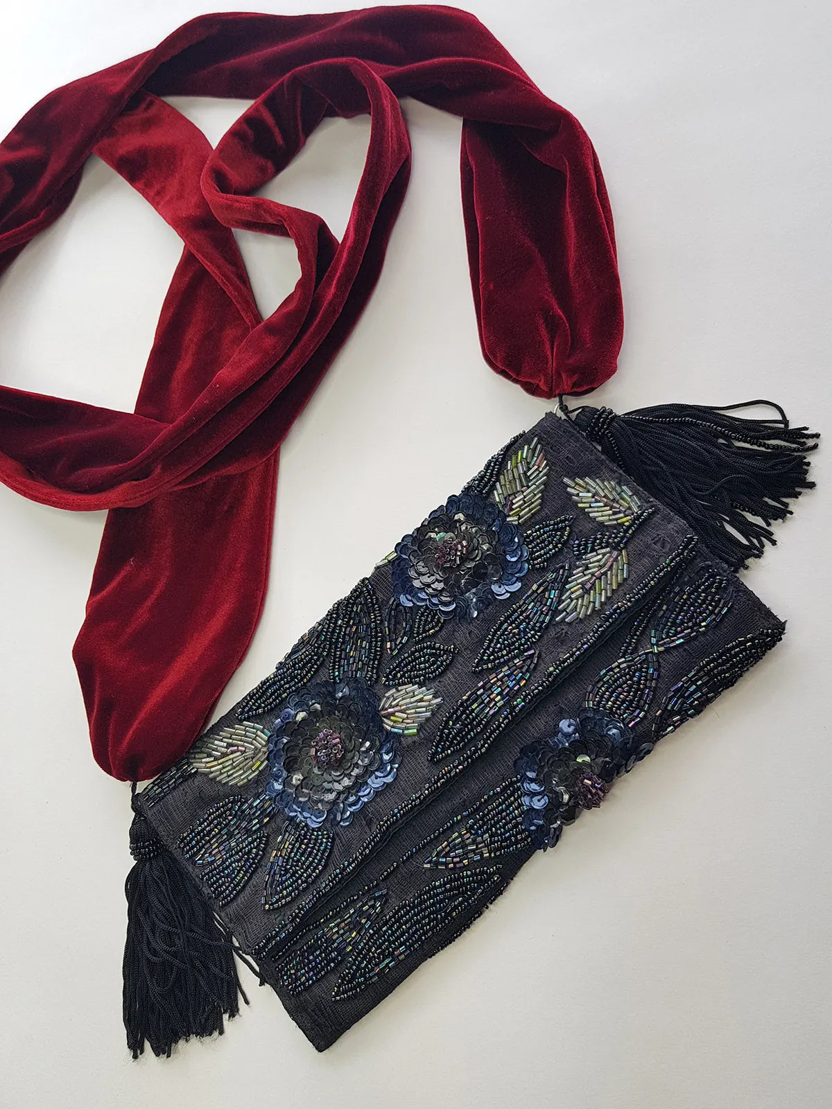 Heavily Beaded Vintage 90s evening pouch - Rich Blues & Reds - one of a kind custom made - tassels beads sequins & velvet - wear a multitude of different ways