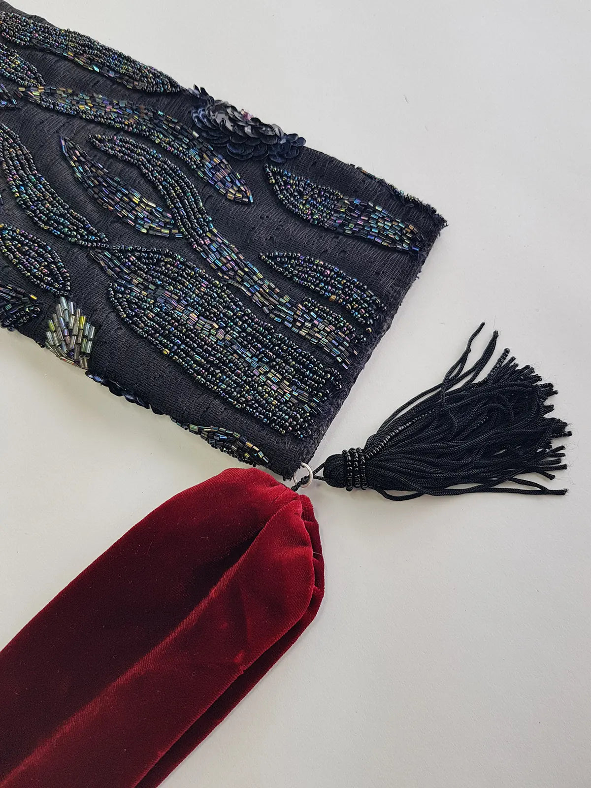 Heavily Beaded Vintage 90s evening pouch - Rich Blues & Reds - one of a kind custom made - tassels beads sequins & velvet - wear a multitude of different ways
