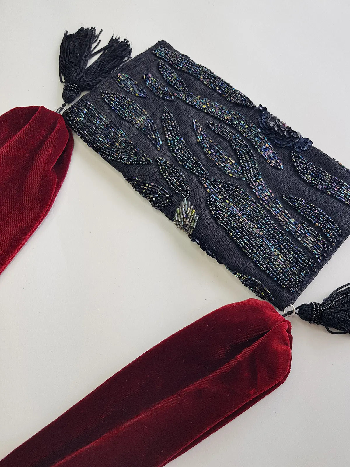 Heavily Beaded Vintage 90s evening pouch - Rich Blues & Reds - one of a kind custom made - tassels beads sequins & velvet - wear a multitude of different ways