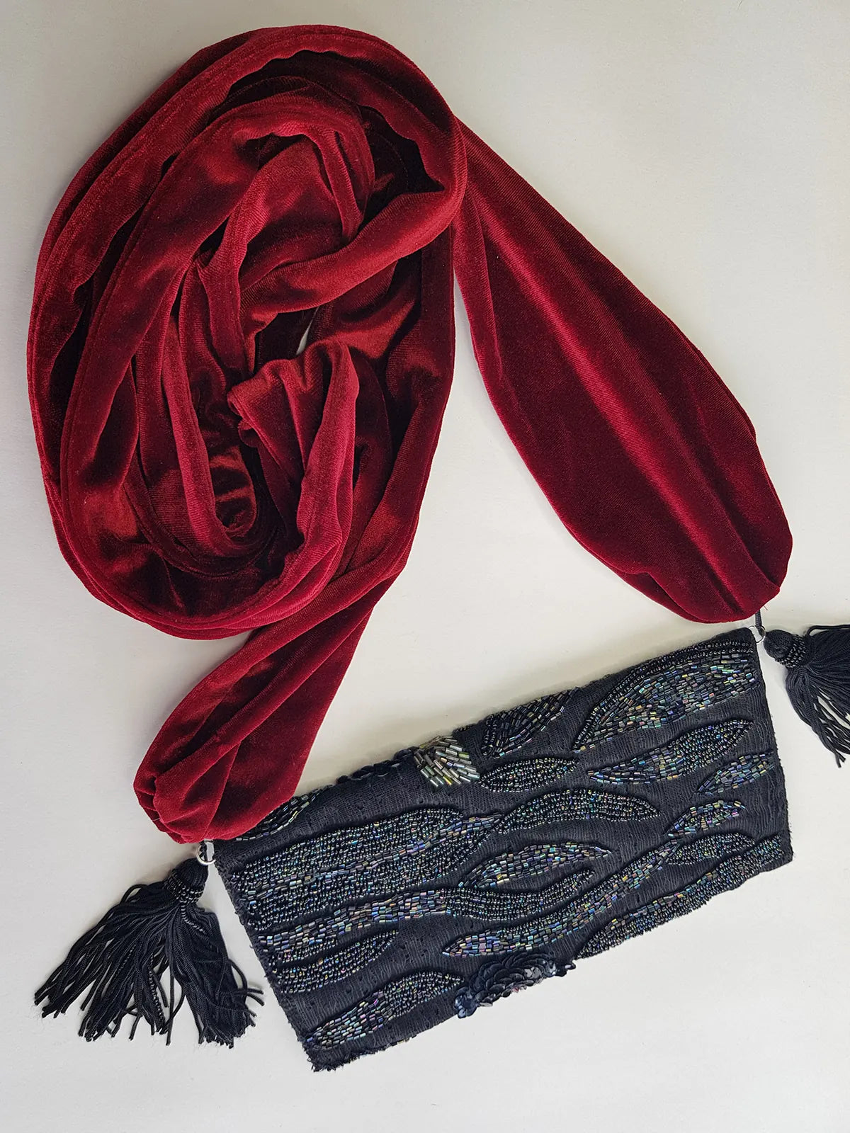 Heavily Beaded Vintage 90s evening pouch - Rich Blues & Reds - one of a kind custom made - tassels beads sequins & velvet - wear a multitude of different ways