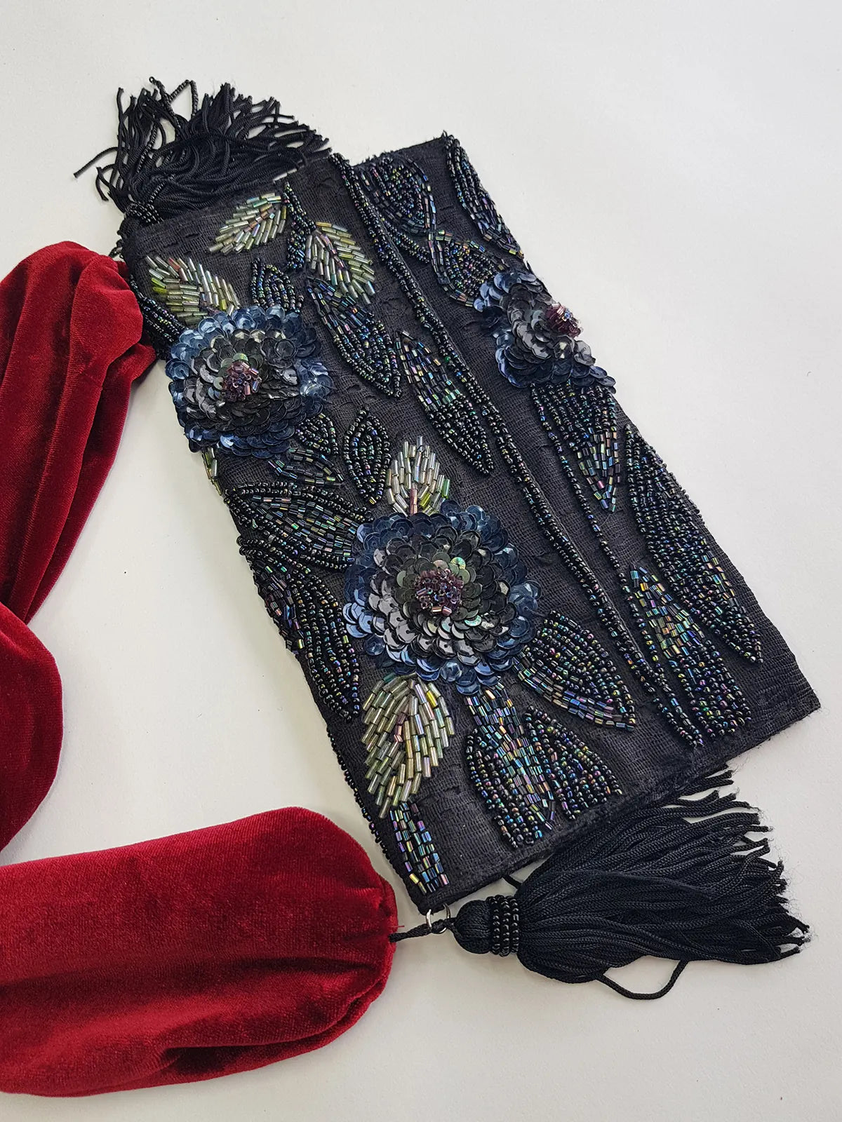 Heavily Beaded Vintage 90s evening pouch - Rich Blues & Reds - one of a kind custom made - tassels beads sequins & velvet - wear a multitude of different ways