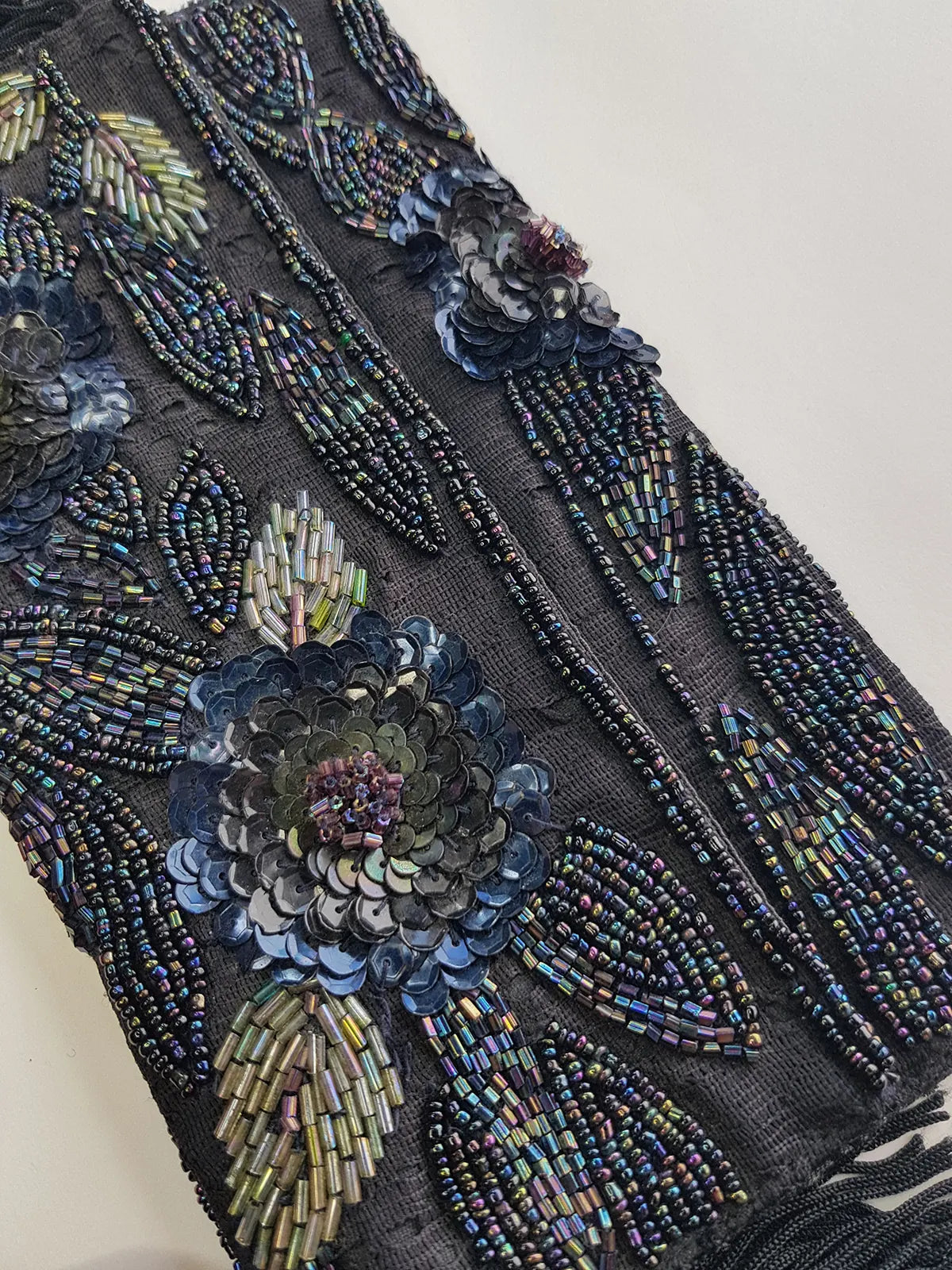 Heavily Beaded Vintage 90s evening pouch - Rich Blues & Reds - one of a kind custom made - tassels beads sequins & velvet - wear a multitude of different ways