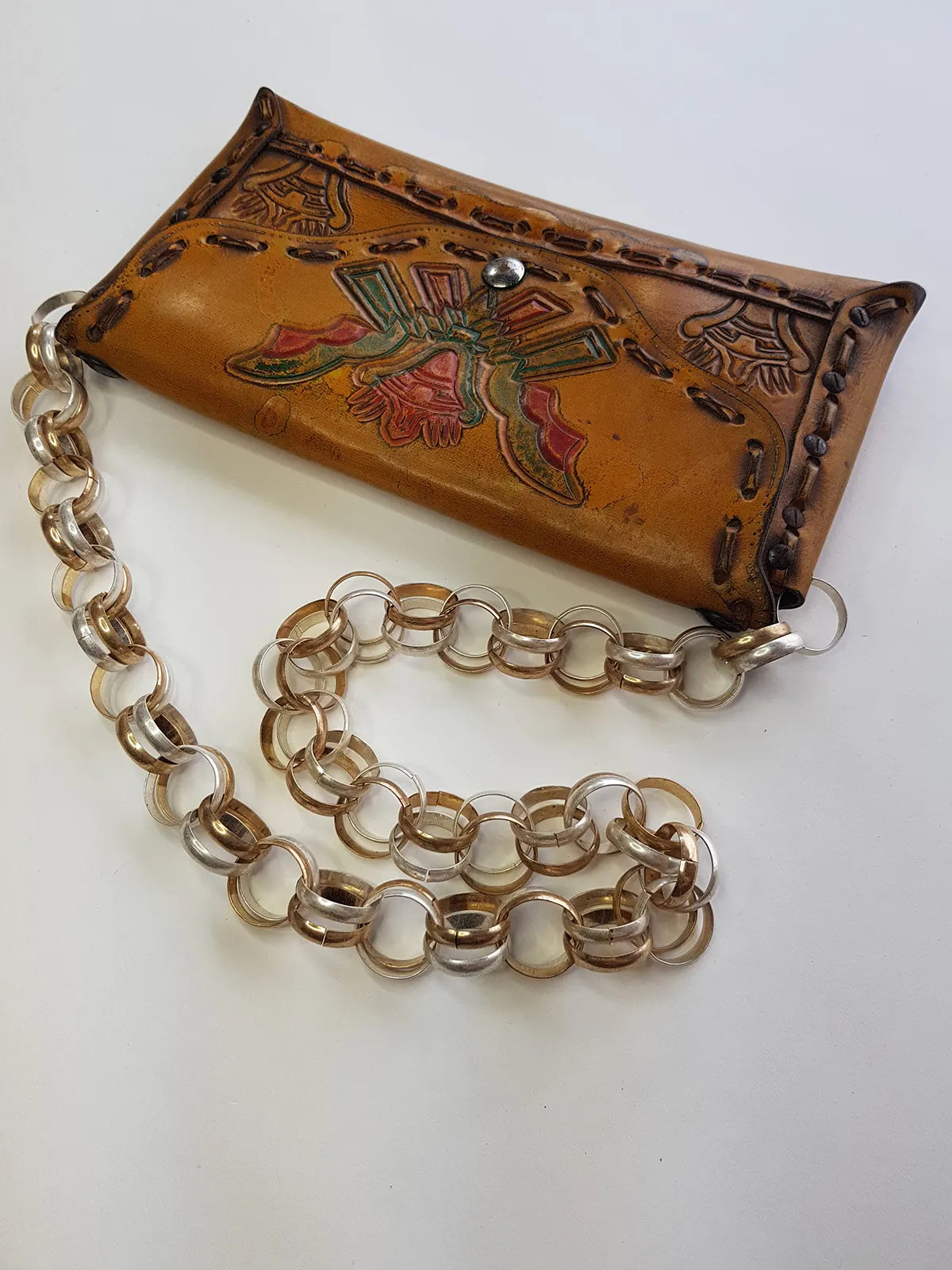 1940s Vintage Mayan Hand Tooled & Hand Painted 100% Genuine Leather Tribal Statement Bag