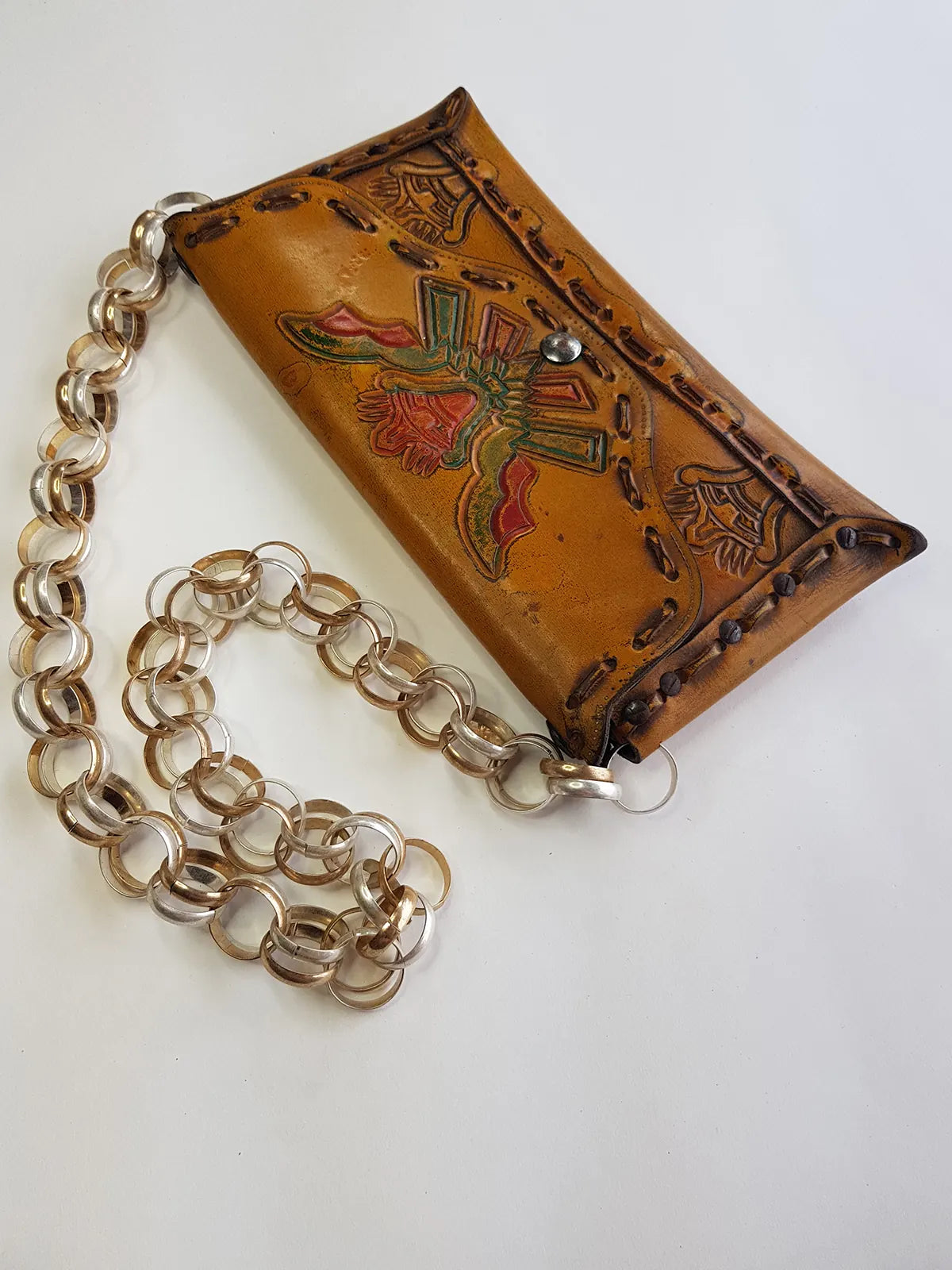 1940s Vintage Mayan Hand Tooled & Hand Painted 100% Genuine Leather Tribal Statement Bag