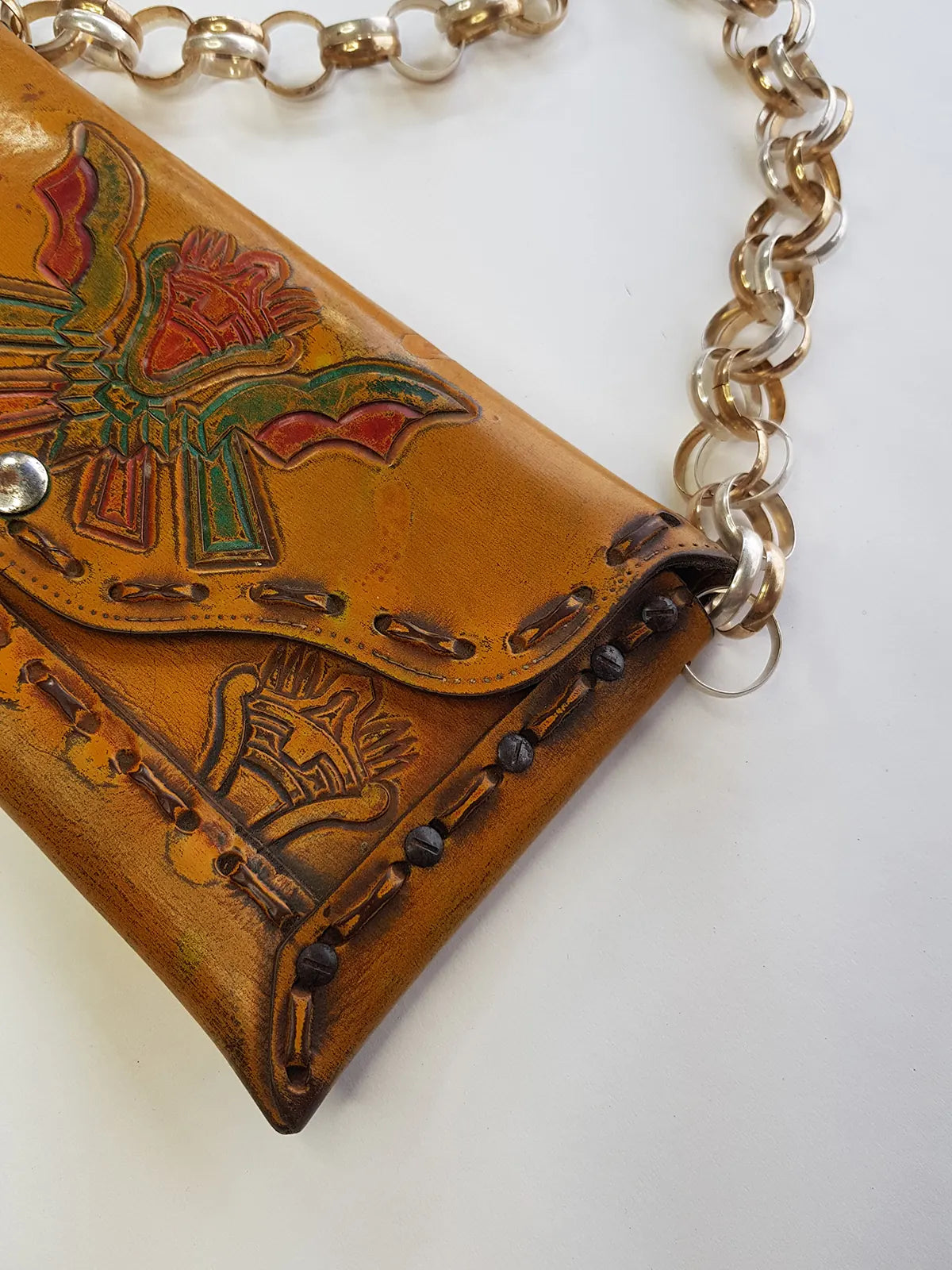 1940s Vintage Mayan Hand Tooled & Hand Painted 100% Genuine Leather Tribal Statement Bag