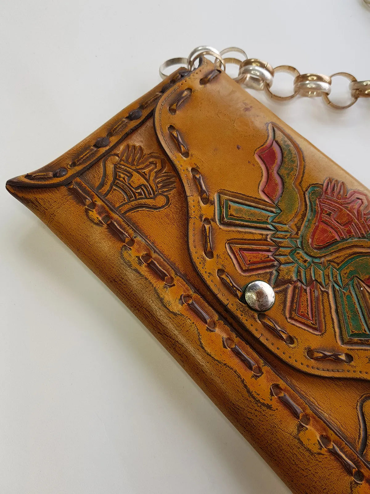 1940s Vintage Mayan Hand Tooled & Hand Painted 100% Genuine Leather Tribal Statement Bag