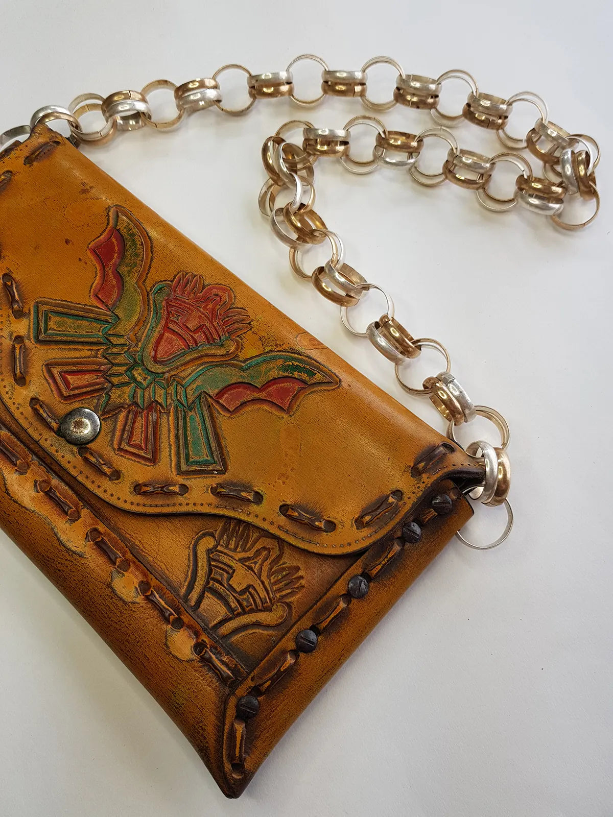 1940s Vintage Mayan Hand Tooled & Hand Painted 100% Genuine Leather Tribal Statement Bag