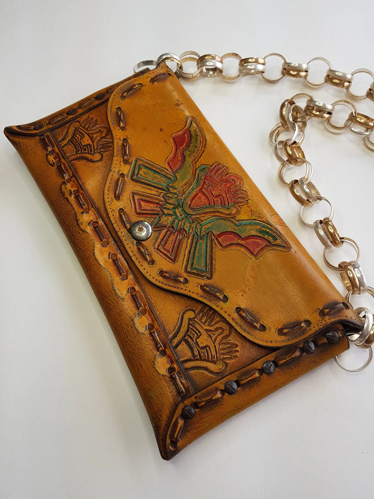 1940s Vintage Mayan Hand Tooled & Hand Painted 100% Genuine Leather Tribal Statement Bag