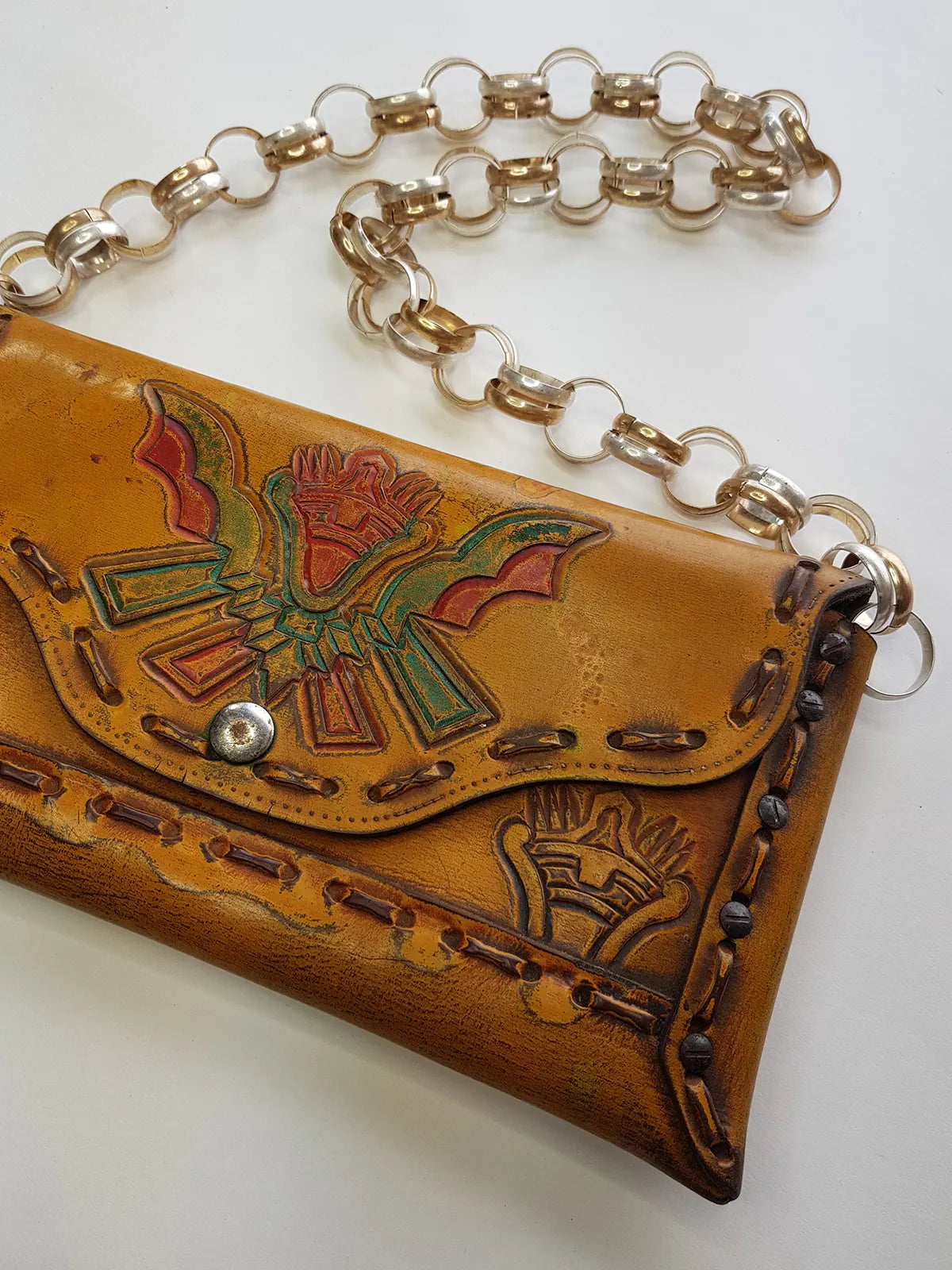 1940s Vintage Mayan Hand Tooled & Hand Painted 100% Genuine Leather Tribal Statement Bag