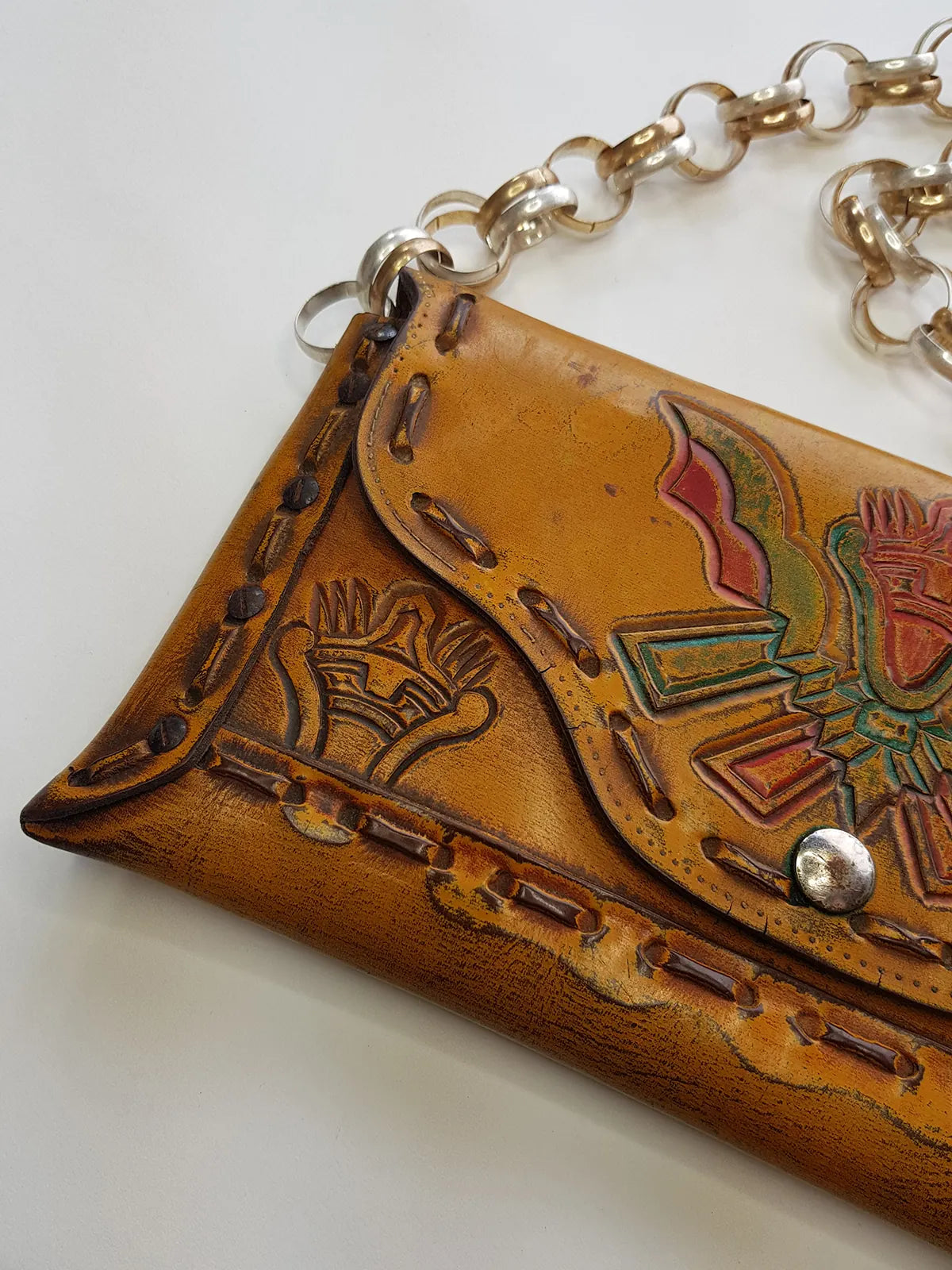 1940s Vintage Mayan Hand Tooled & Hand Painted 100% Genuine Leather Tribal Statement Bag
