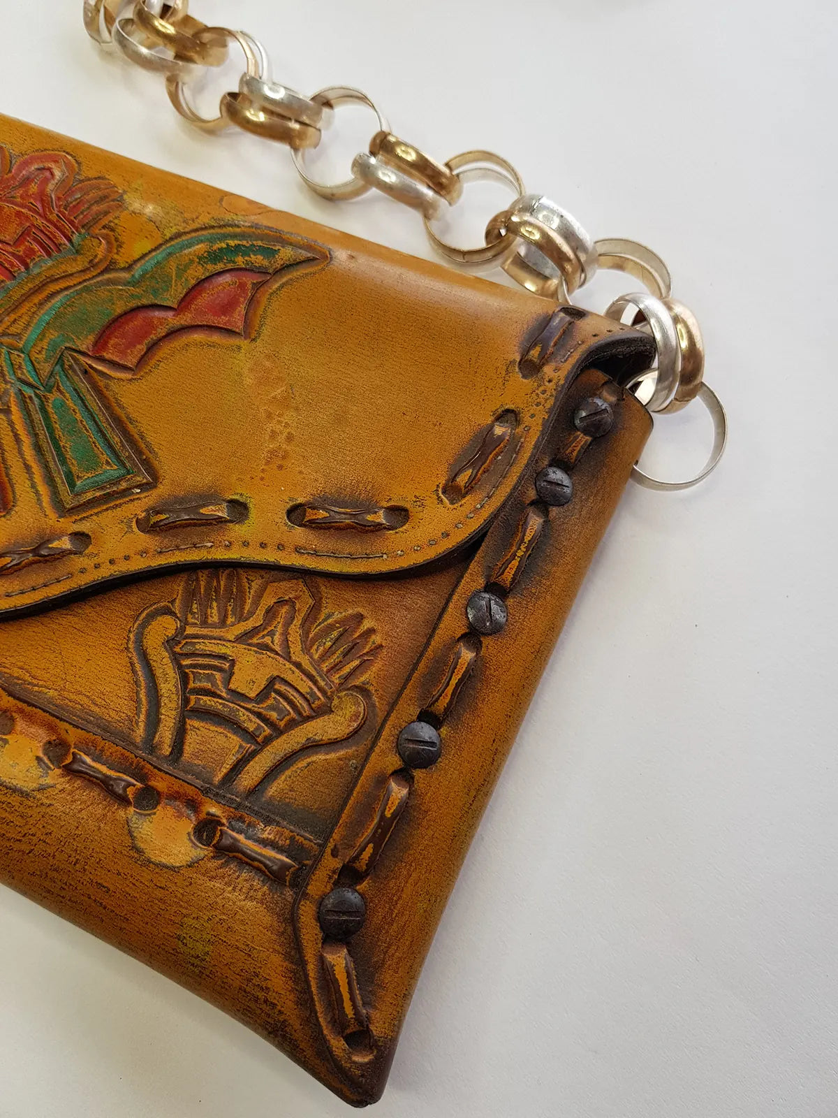 1940s Vintage Mayan Hand Tooled & Hand Painted 100% Genuine Leather Tribal Statement Bag