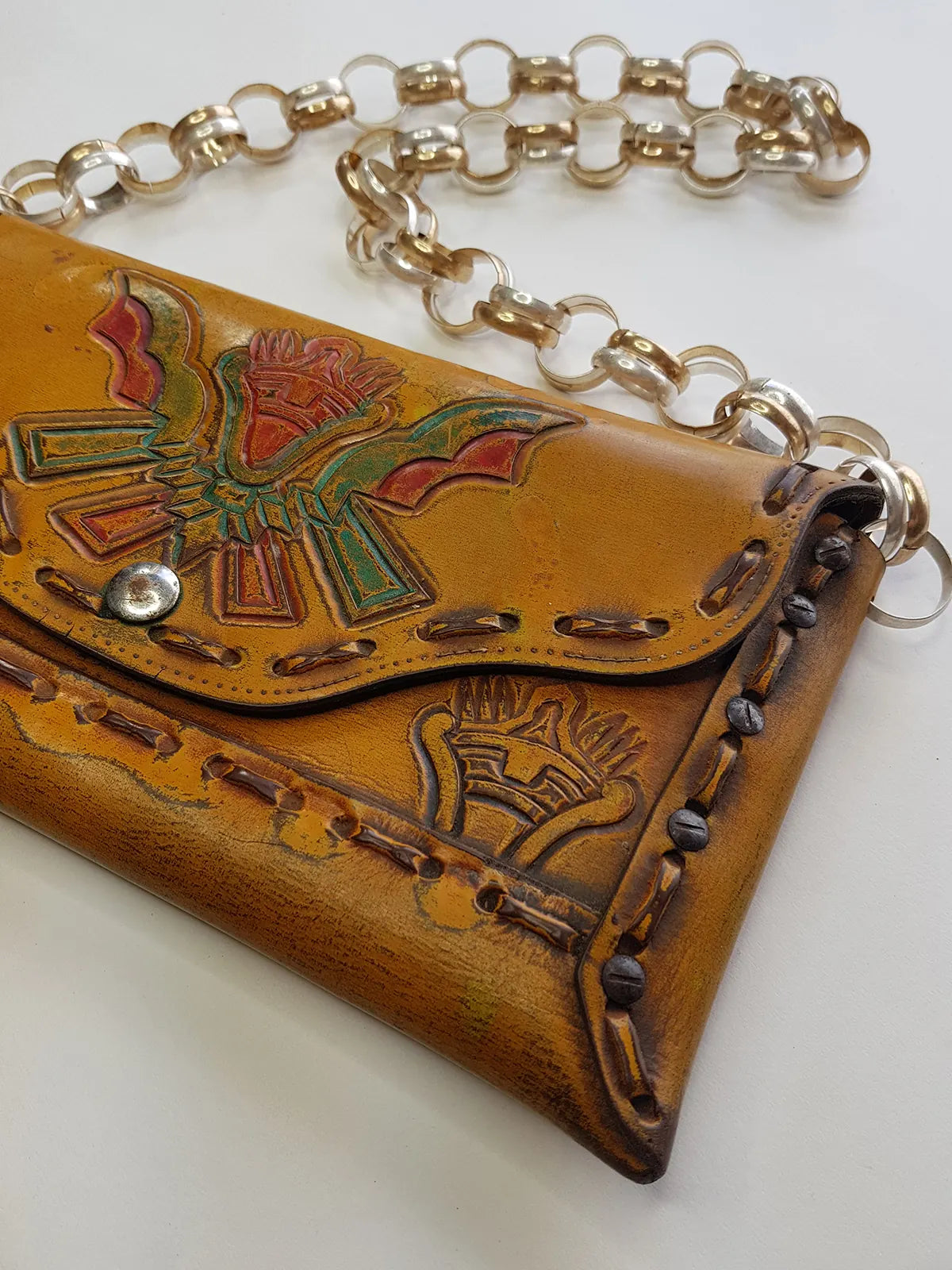 1940s Vintage Mayan Hand Tooled & Hand Painted 100% Genuine Leather Tribal Statement Bag