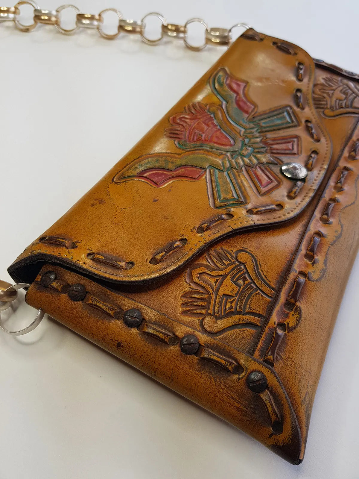 1940s Vintage Mayan Hand Tooled & Hand Painted 100% Genuine Leather Tribal Statement Bag