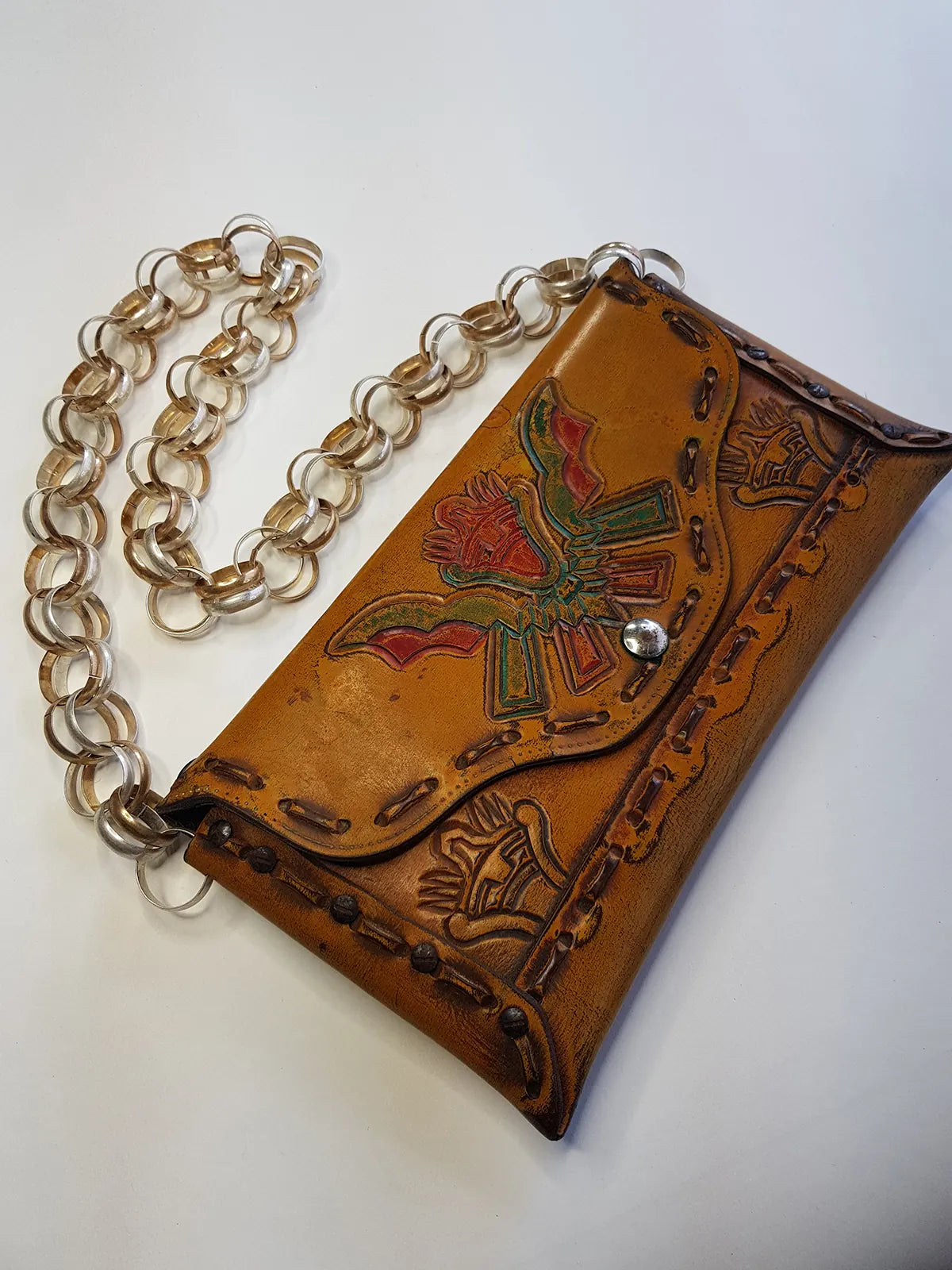 1940s Vintage Mayan Hand Tooled & Hand Painted 100% Genuine Leather Tribal Statement Bag