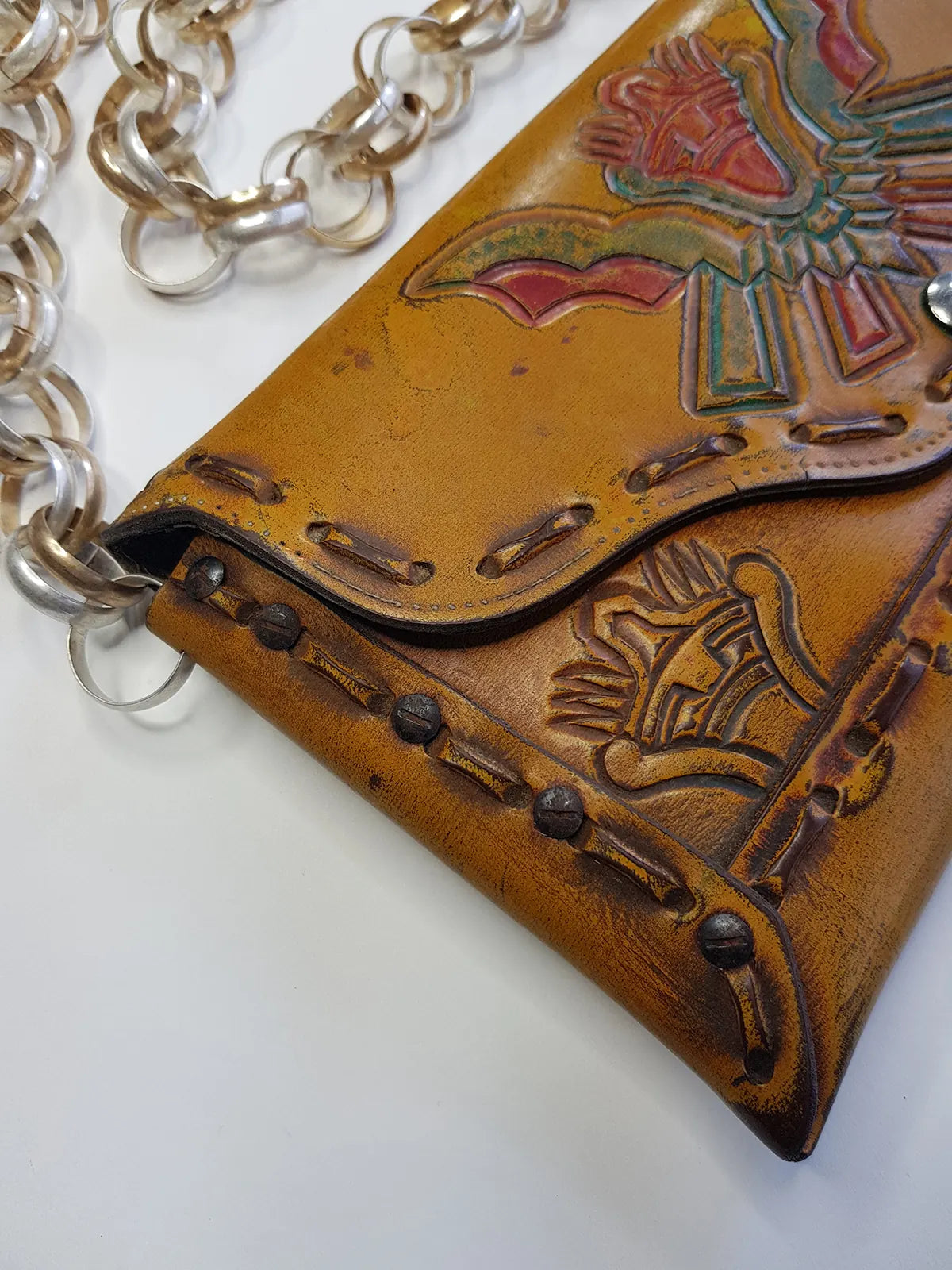 1940s Vintage Mayan Hand Tooled & Hand Painted 100% Genuine Leather Tribal Statement Bag