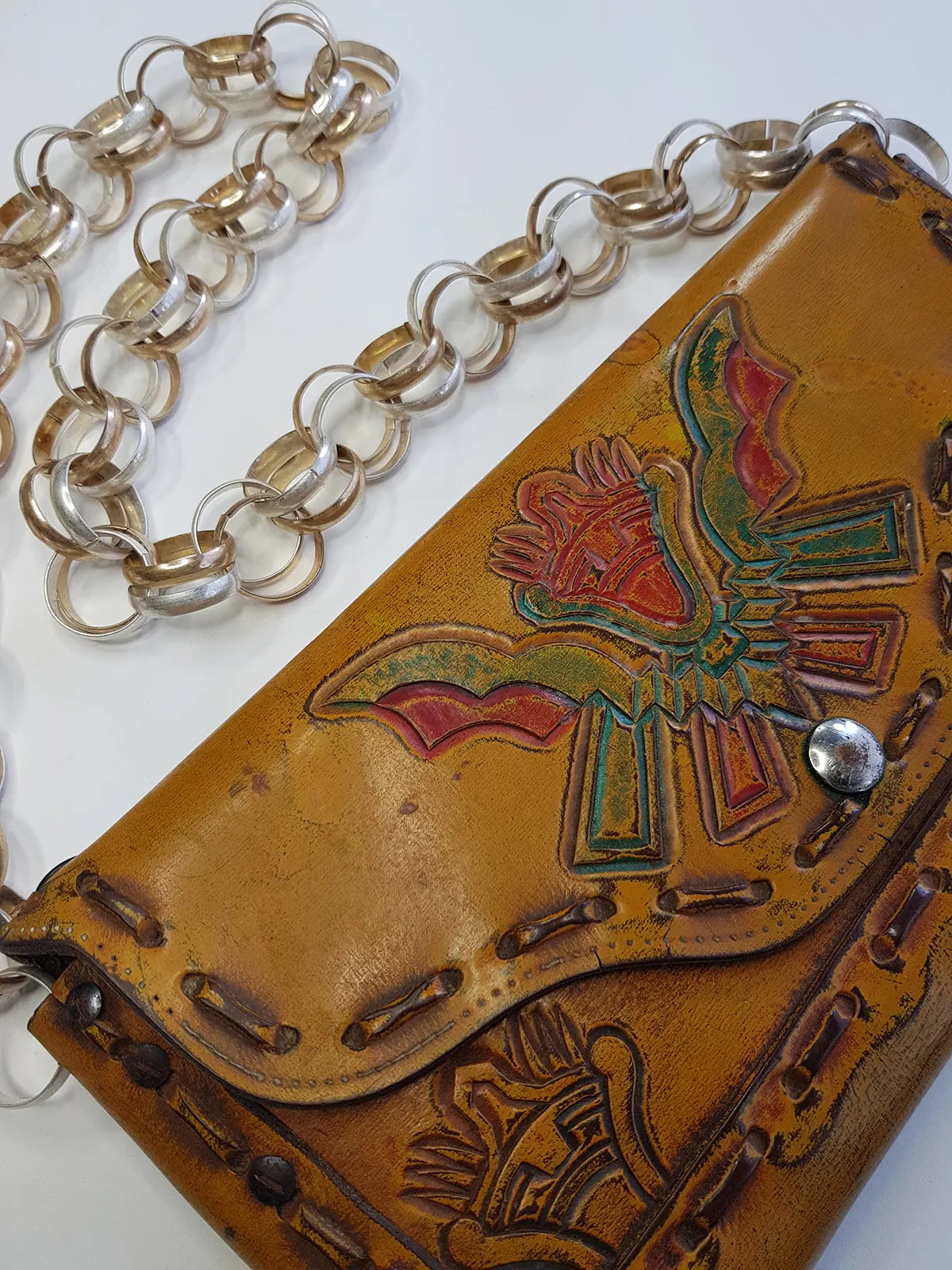 1940s Vintage Mayan Hand Tooled & Hand Painted 100% Genuine Leather Tribal Statement Bag