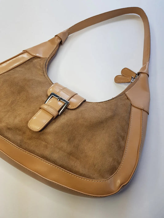 1990s Vintage Buckled Suede Purse in Camel Tones - silver hardware - perfect shape and so cute