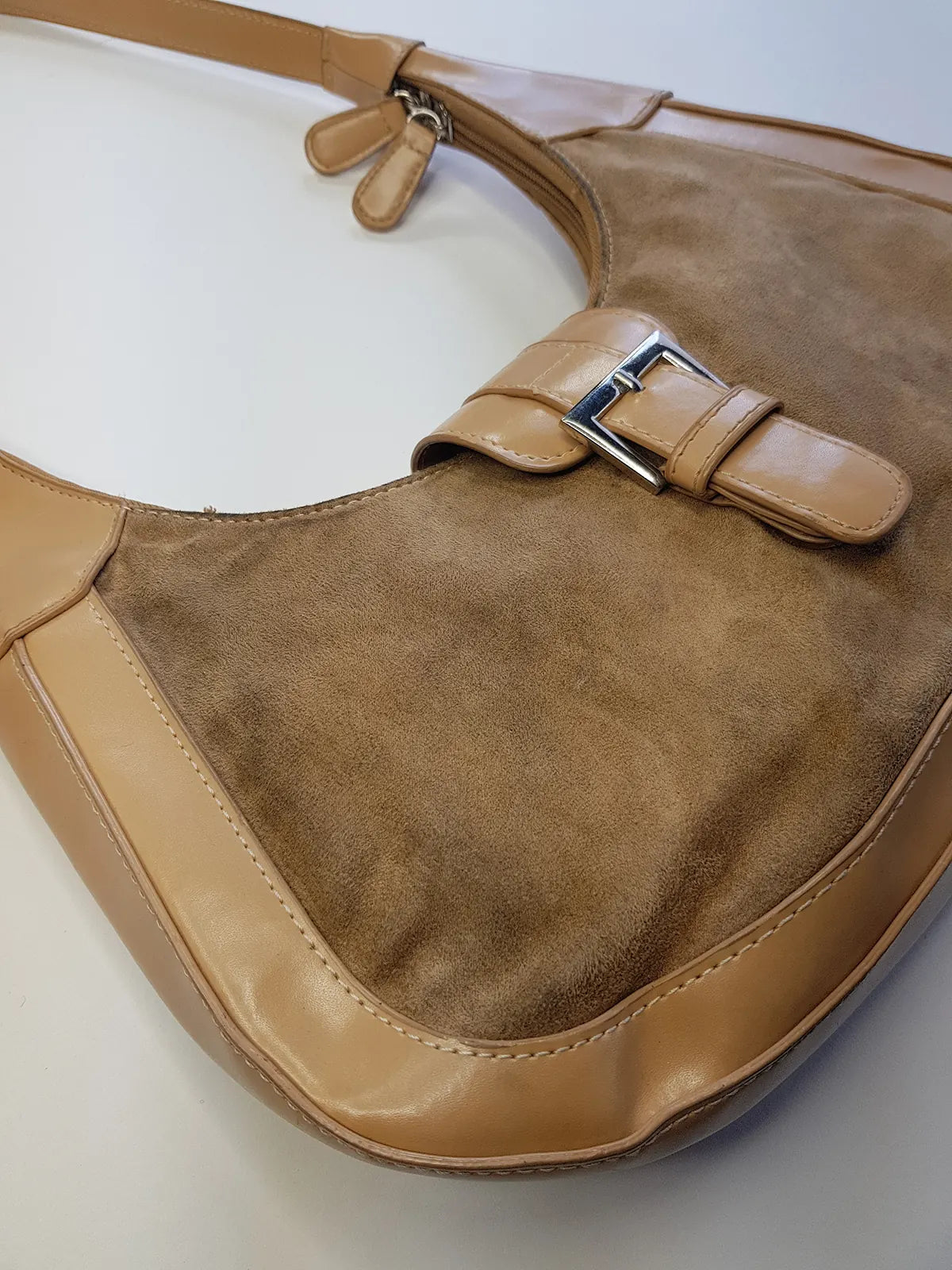 1990s Vintage Buckled Suede Purse in Camel Tones - silver hardware - perfect shape and so cute