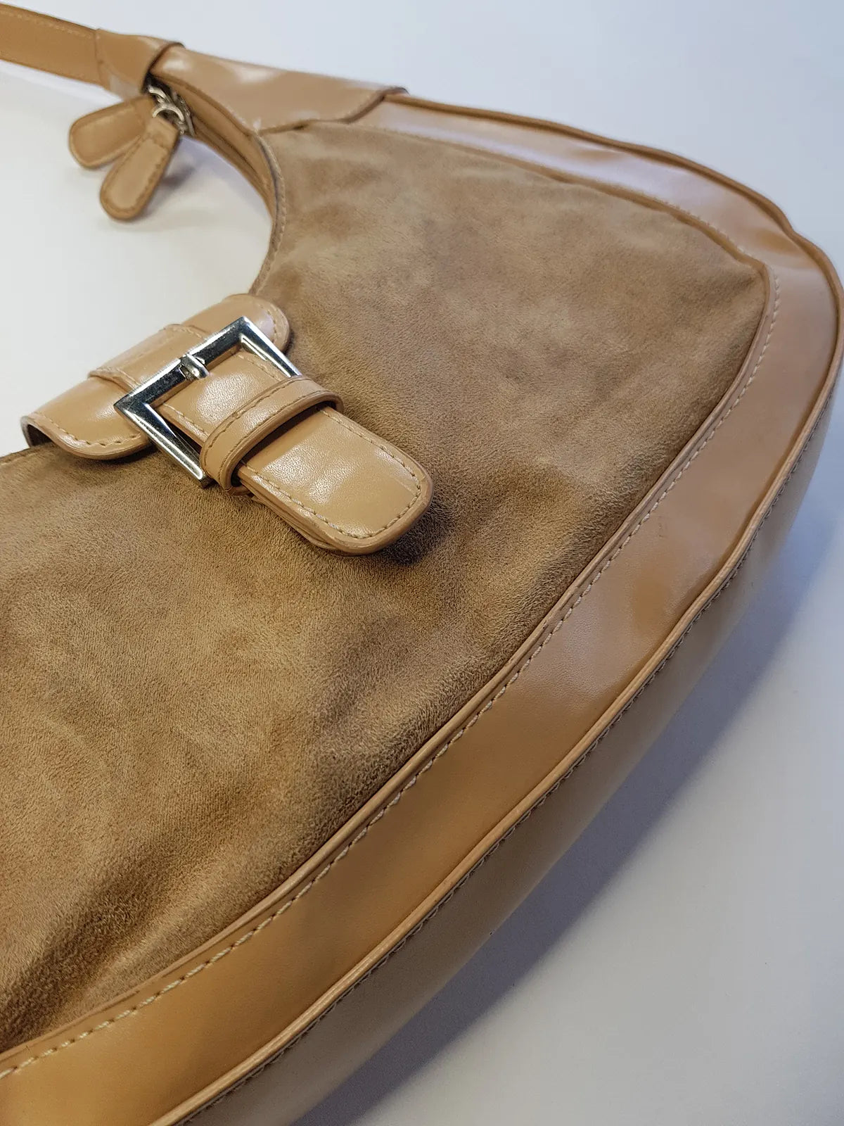 1990s Vintage Buckled Suede Purse in Camel Tones - silver hardware - perfect shape and so cute