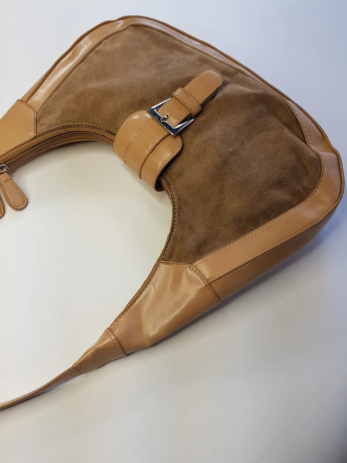1990s Vintage Buckled Suede Purse in Camel Tones - silver hardware - perfect shape and so cute