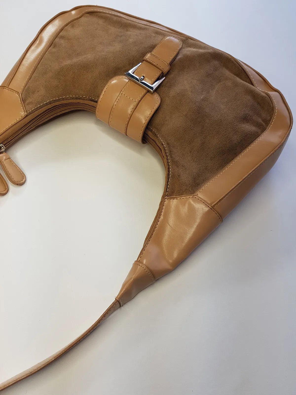 1990s Vintage Buckled Suede Purse in Camel Tones - silver hardware - perfect shape and so cute