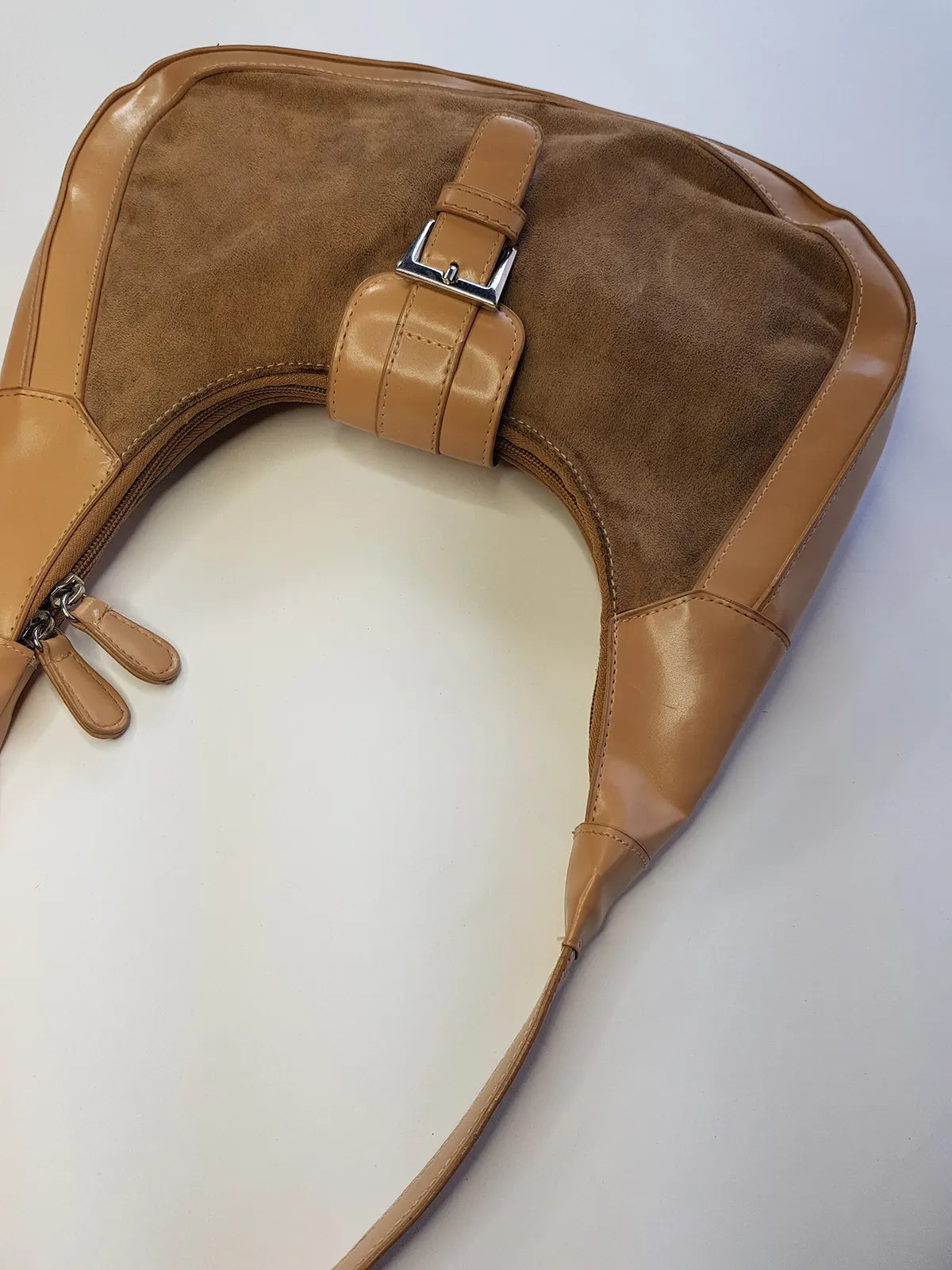 1990s Vintage Buckled Suede Purse in Camel Tones - silver hardware - perfect shape and so cute