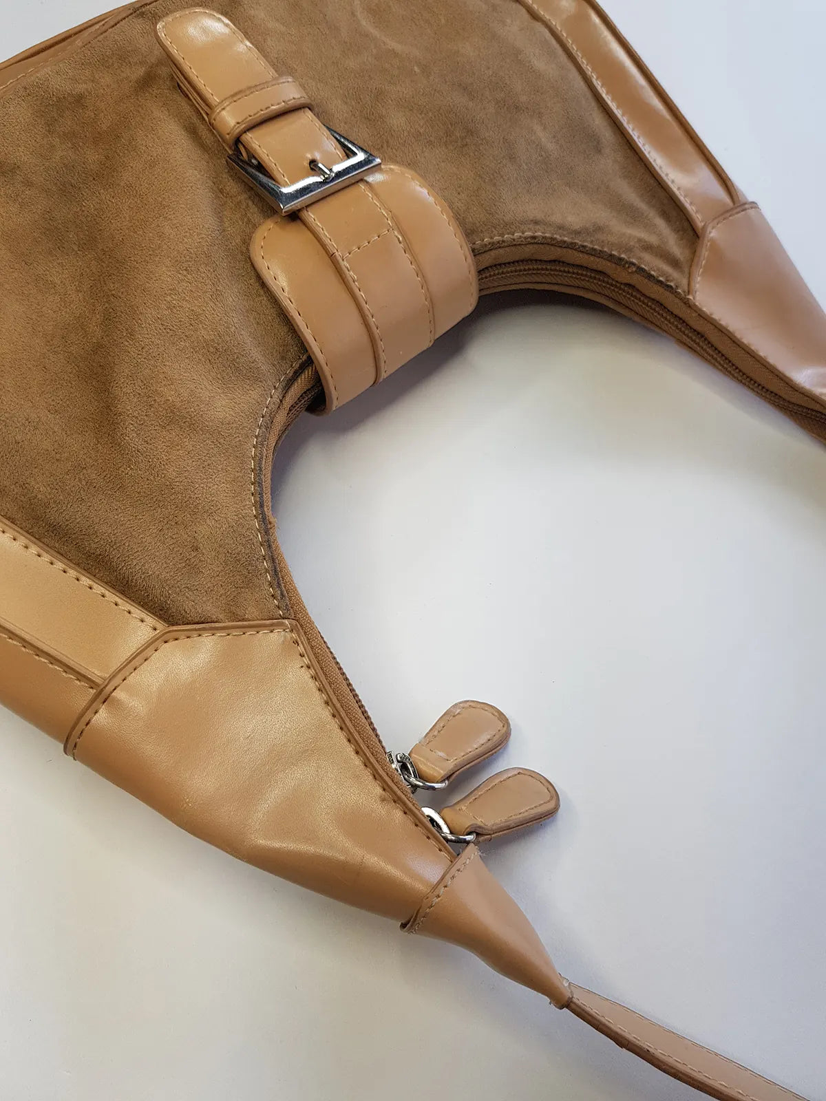 1990s Vintage Buckled Suede Purse in Camel Tones - silver hardware - perfect shape and so cute