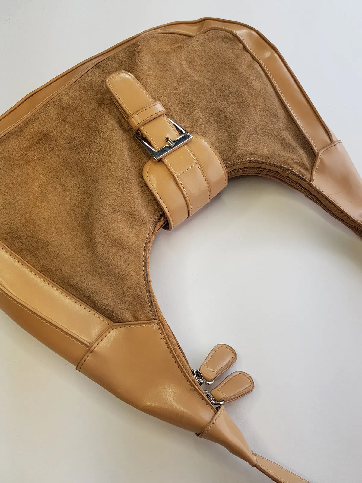1990s Vintage Buckled Suede Purse in Camel Tones - silver hardware - perfect shape and so cute
