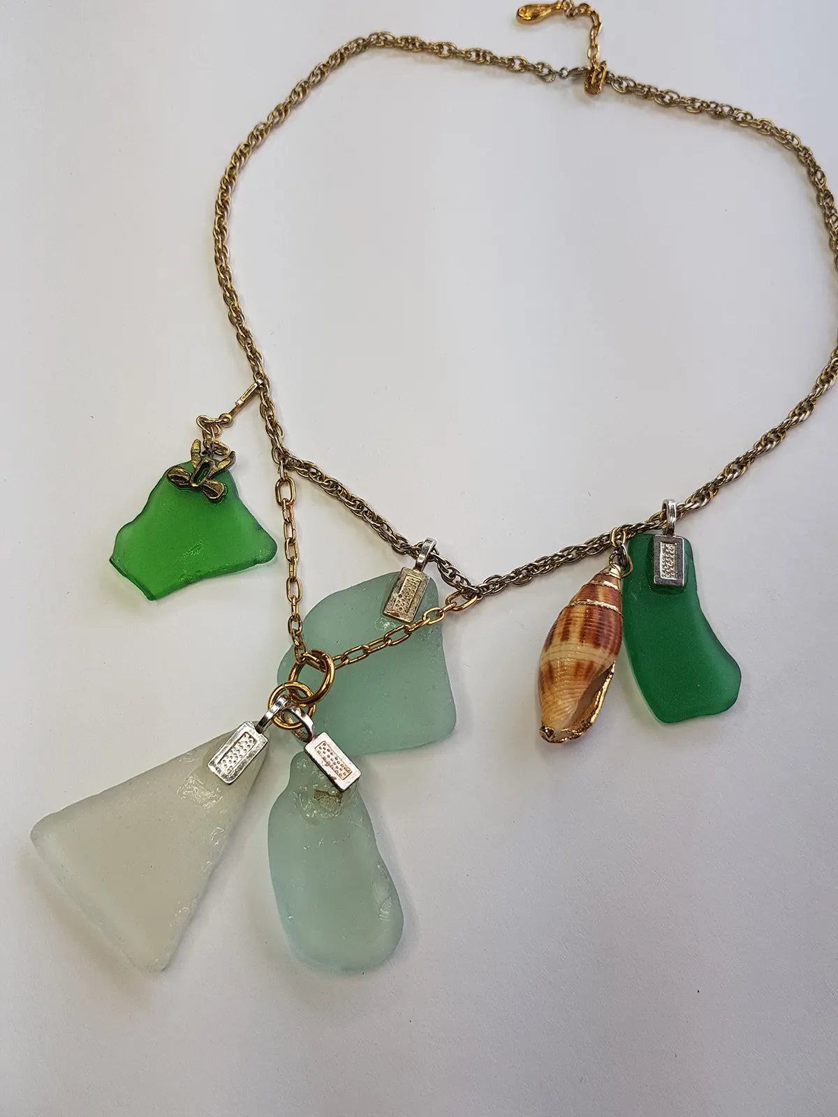 Antique Italian Green Ocean Glass Charm Necklace Stack - only 1 ever made - custom made from components over 100 years old - multi layered