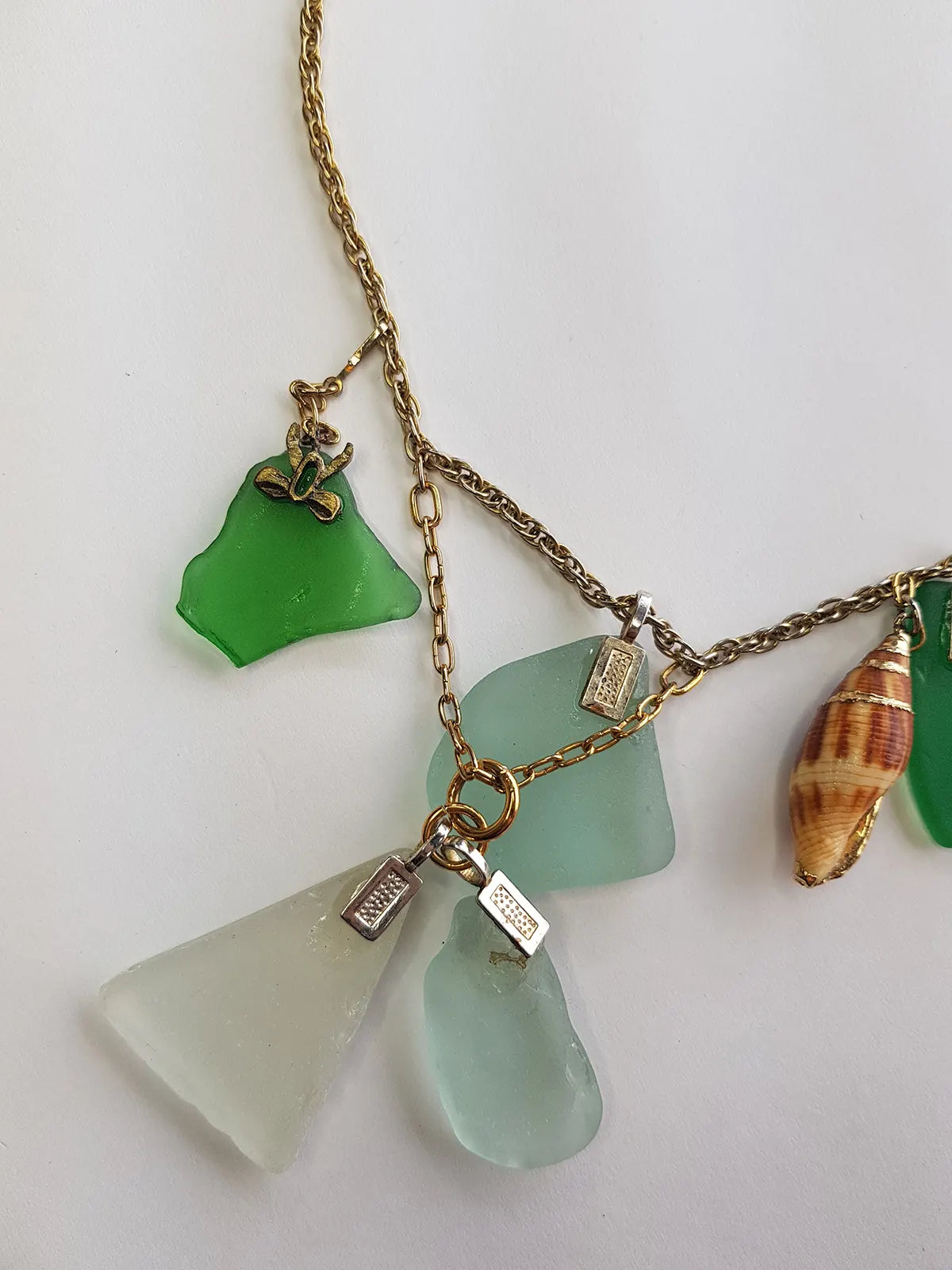 Antique Italian Green Ocean Glass Charm Necklace Stack - only 1 ever made - custom made from components over 100 years old - multi layered
