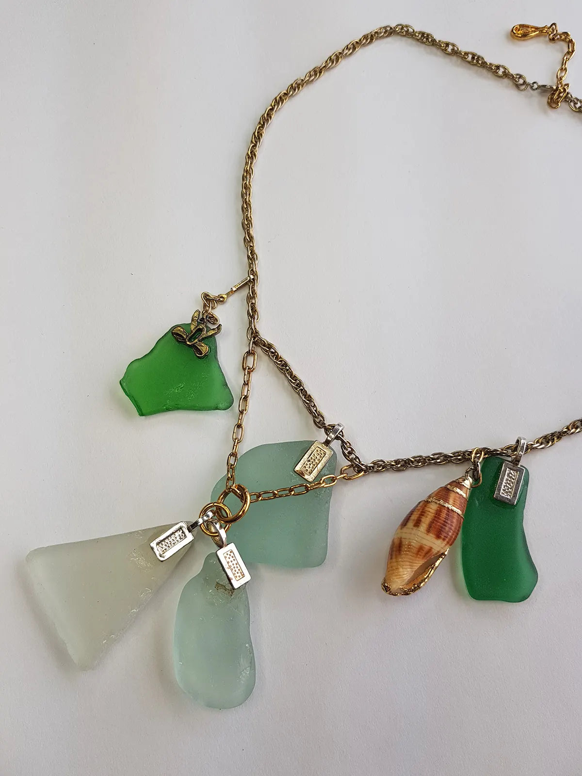 Antique Italian Green Ocean Glass Charm Necklace Stack - only 1 ever made - custom made from components over 100 years old - multi layered