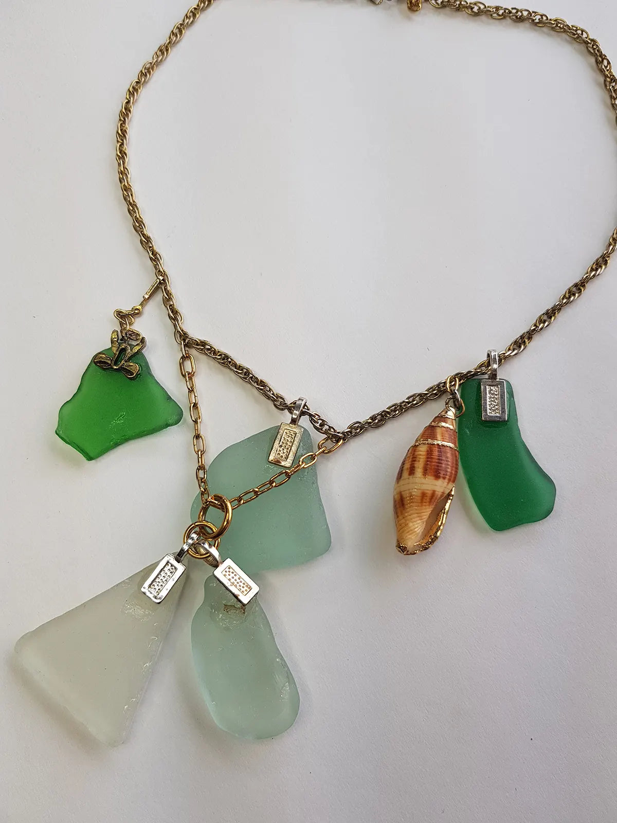 Antique Italian Green Ocean Glass Charm Necklace Stack - only 1 ever made - custom made from components over 100 years old - multi layered