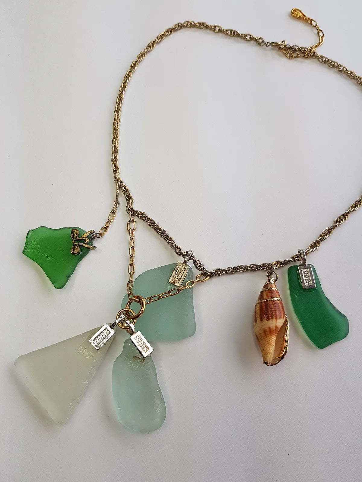 Antique Italian Green Ocean Glass Charm Necklace Stack - only 1 ever made - custom made from components over 100 years old - multi layered