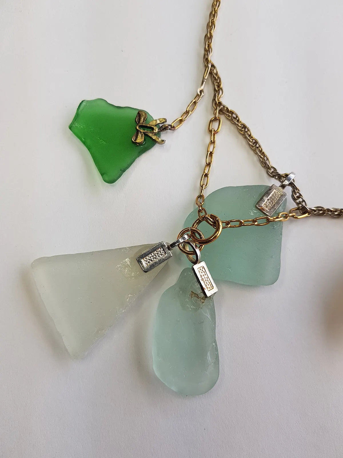 Antique Italian Green Ocean Glass Charm Necklace Stack - only 1 ever made - custom made from components over 100 years old - multi layered