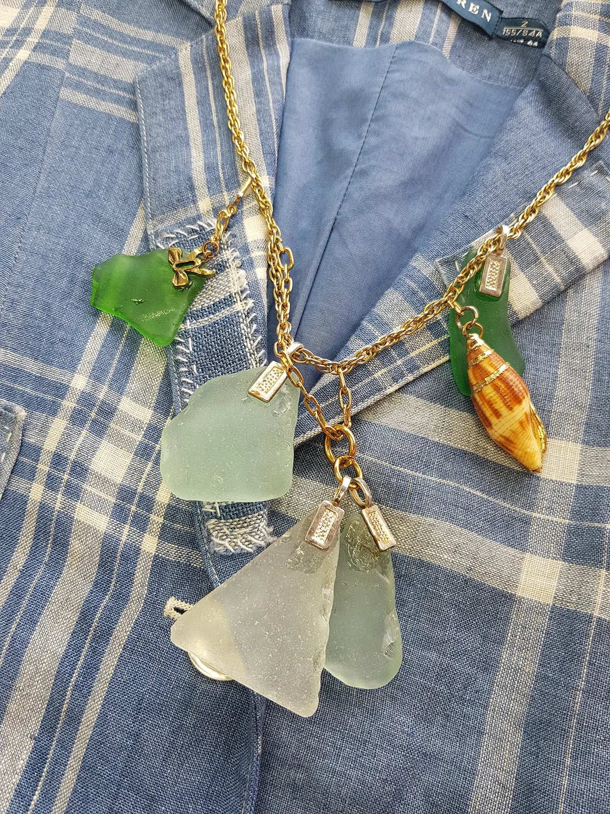 Antique Italian Green Ocean Glass Charm Necklace Stack - only 1 ever made - custom made from components over 100 years old - multi layered