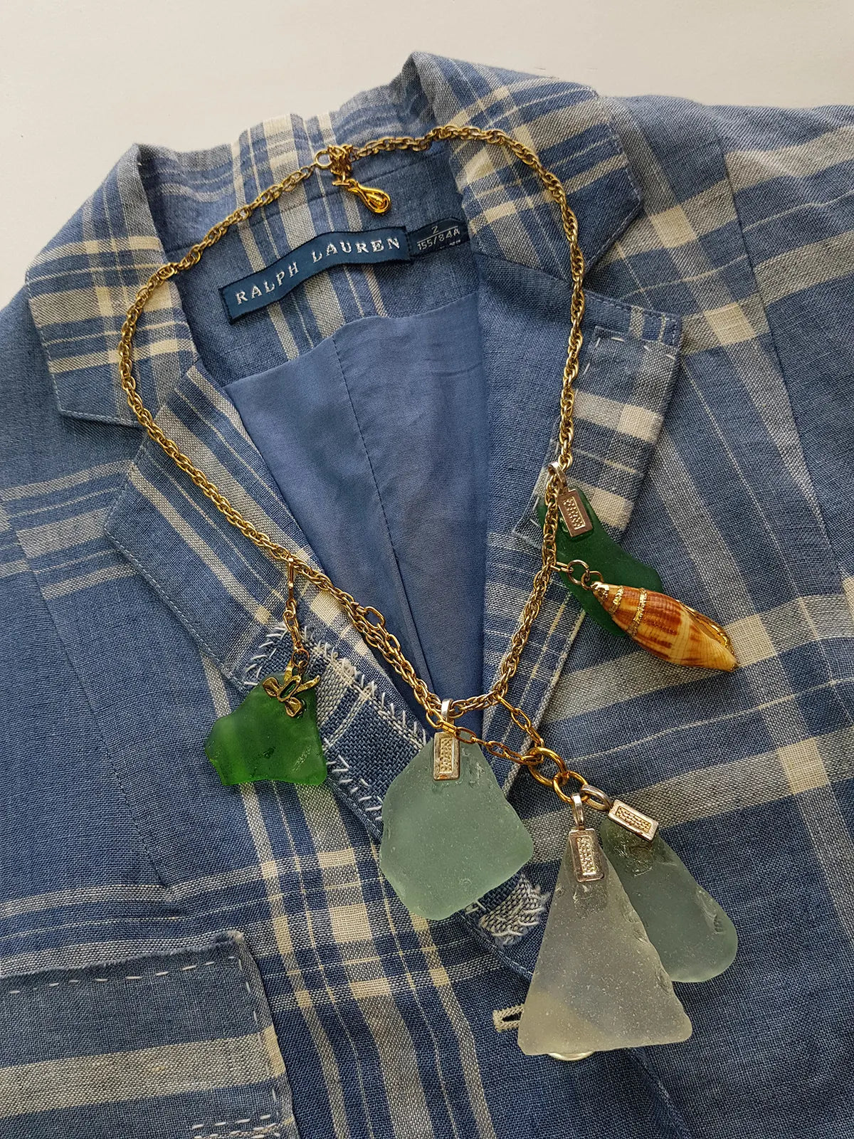 Antique Italian Green Ocean Glass Charm Necklace Stack - only 1 ever made - custom made from components over 100 years old - multi layered