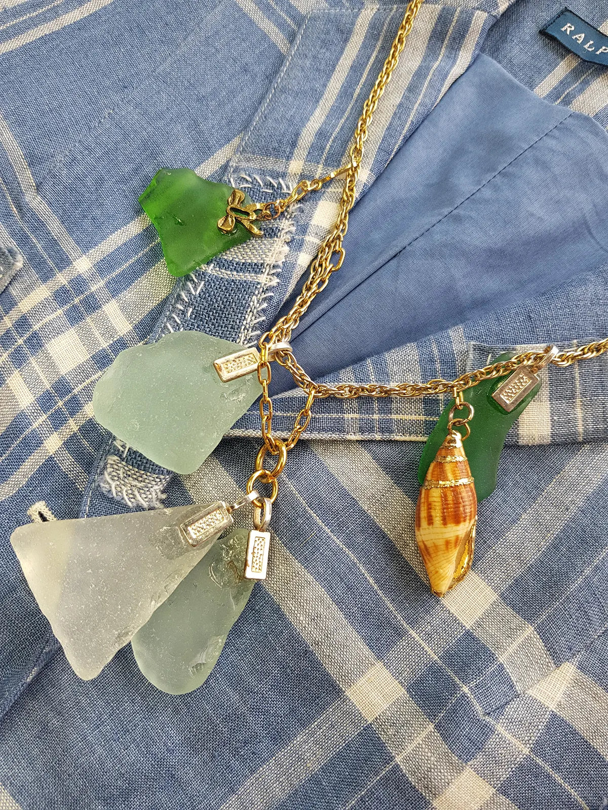 Antique Italian Green Ocean Glass Charm Necklace Stack - only 1 ever made - custom made from components over 100 years old - multi layered