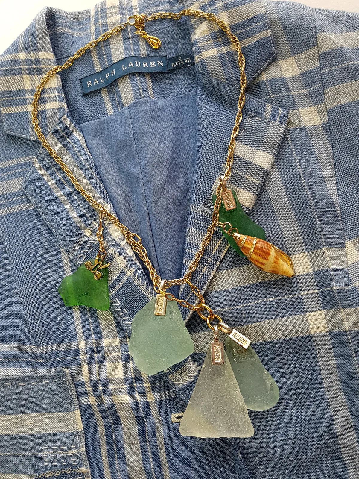 Antique Italian Green Ocean Glass Charm Necklace Stack - only 1 ever made - custom made from components over 100 years old - multi layered