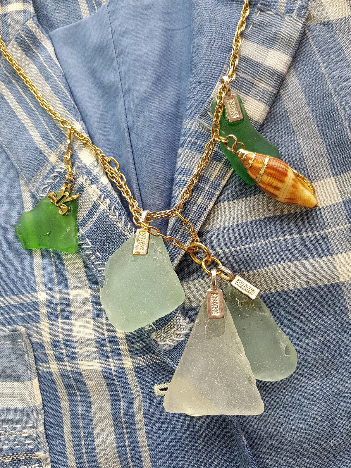 Antique Italian Green Ocean Glass Charm Necklace Stack - only 1 ever made - custom made from components over 100 years old - multi layered