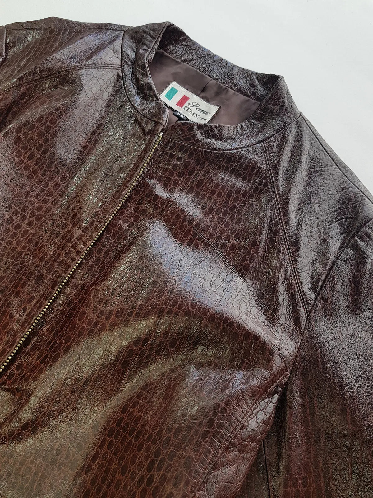 90s Vintage Italian 100% Genuine Leather Jacket -  Snakeskin print Rich Cognac Brown - zip front Motorcycle style with metal pop button collar